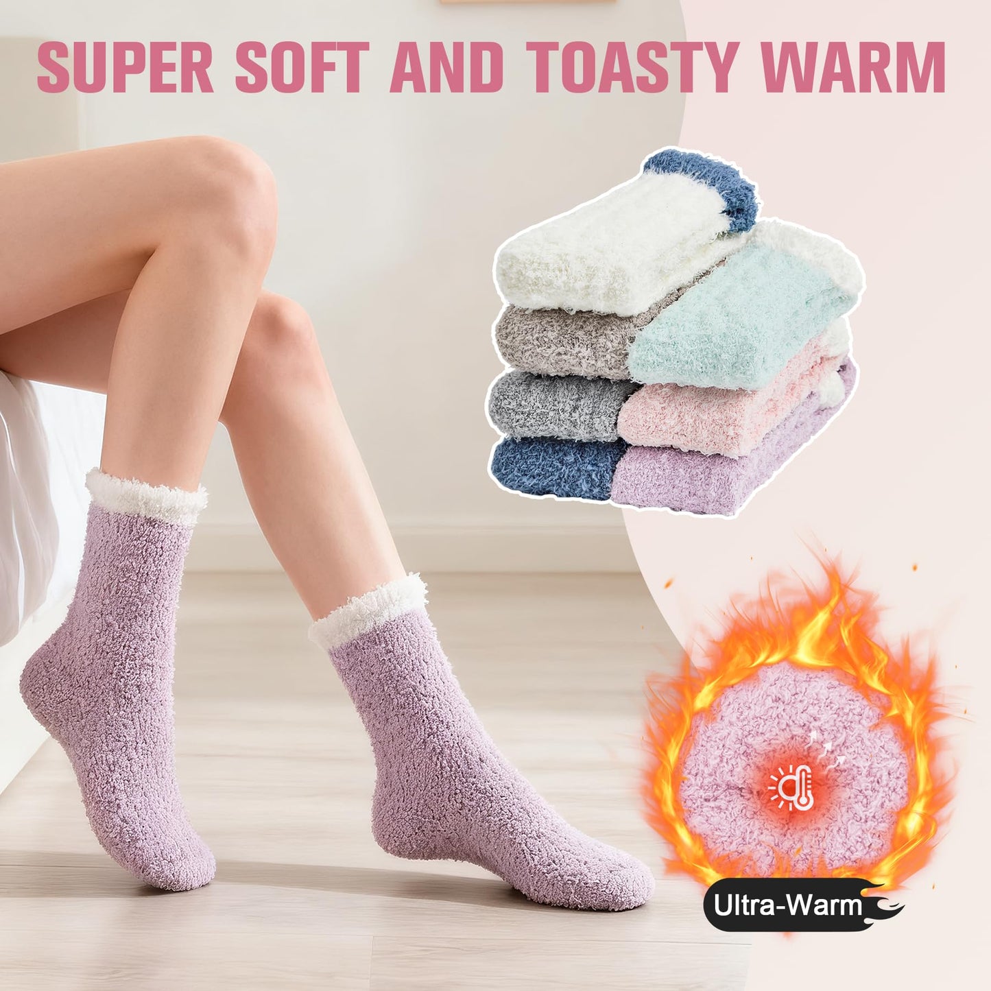 Azue Fuzzy Warm Slipper Socks Women Super Soft Microfiber Cozy Sleeping Socks 6 or 5 Pairs ((01) 7 Pairs Patchwork) - Medaid International