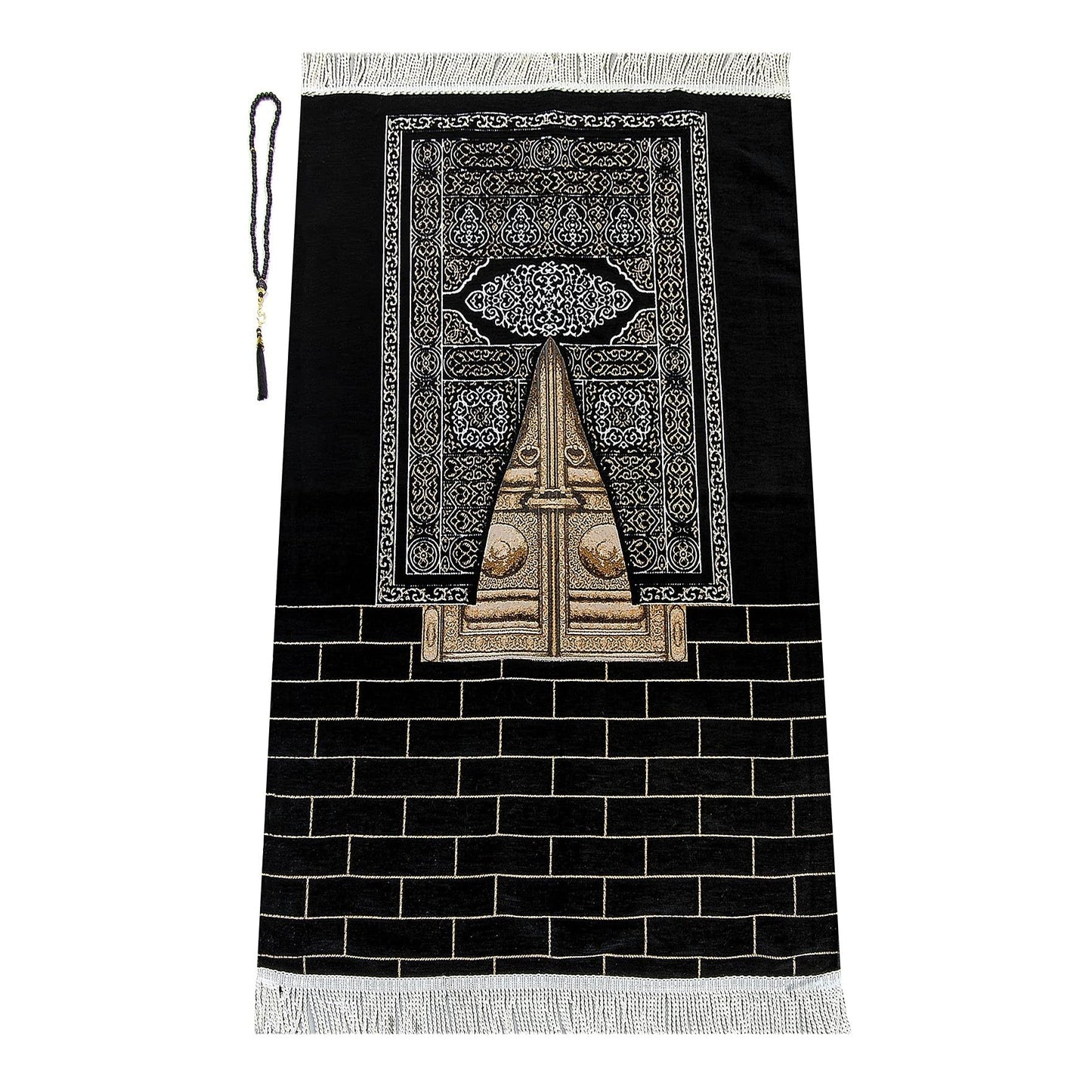 ihvan online Muslim Prayer Rug with Prayer Beads, Janamaz, Portable Sajadah, Soft Islamic Prayer Rug, Islamic Gifts for Ramadan Eid, Praying Carpet Mat, Kaaba Door, Chenille Fabric, Black - Medaid International