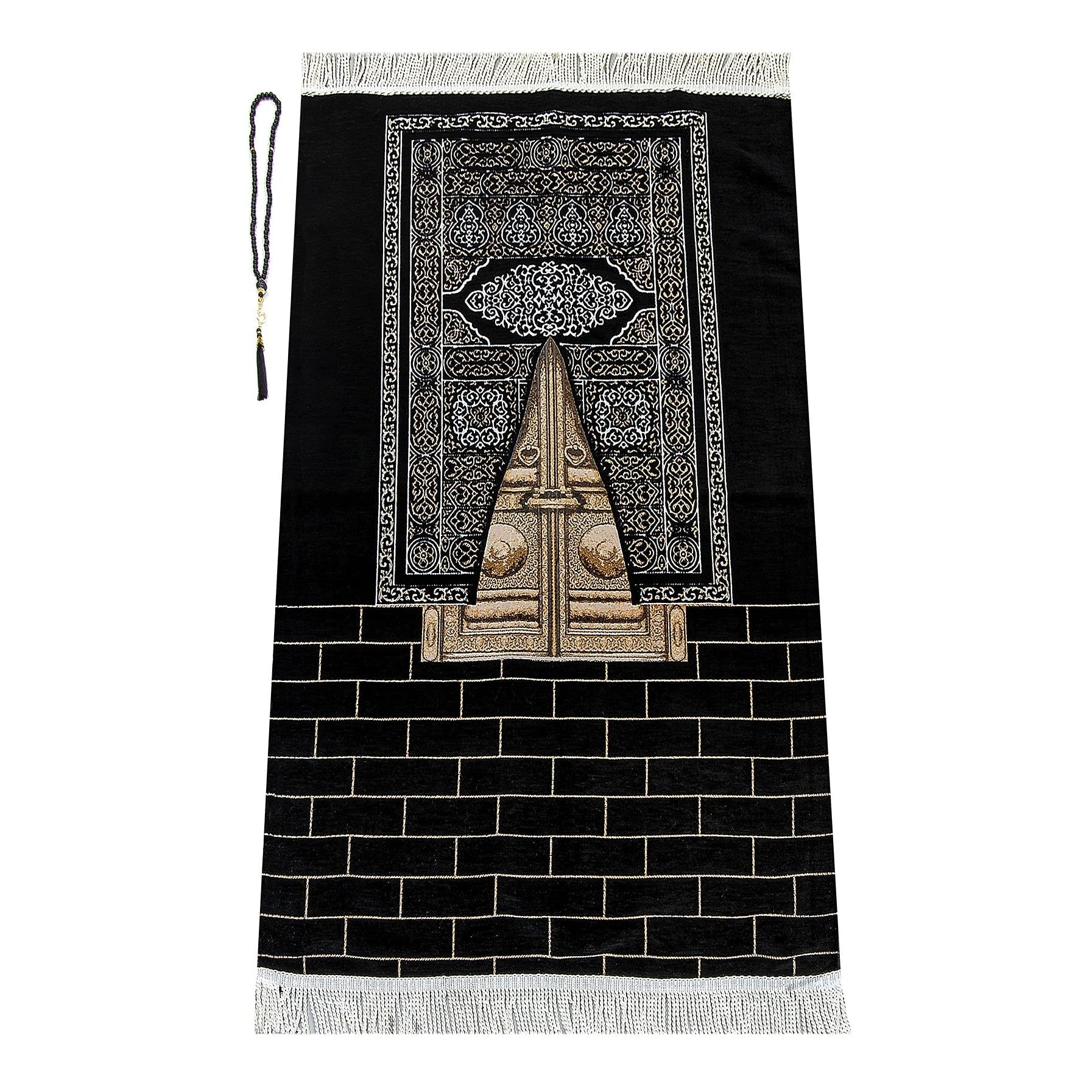 ihvan online Muslim Prayer Rug with Prayer Beads, Janamaz, Portable Sajadah, Soft Islamic Prayer Rug, Islamic Gifts for Ramadan Eid, Praying Carpet Mat, Kaaba Door, Chenille Fabric, Black - Medaid International