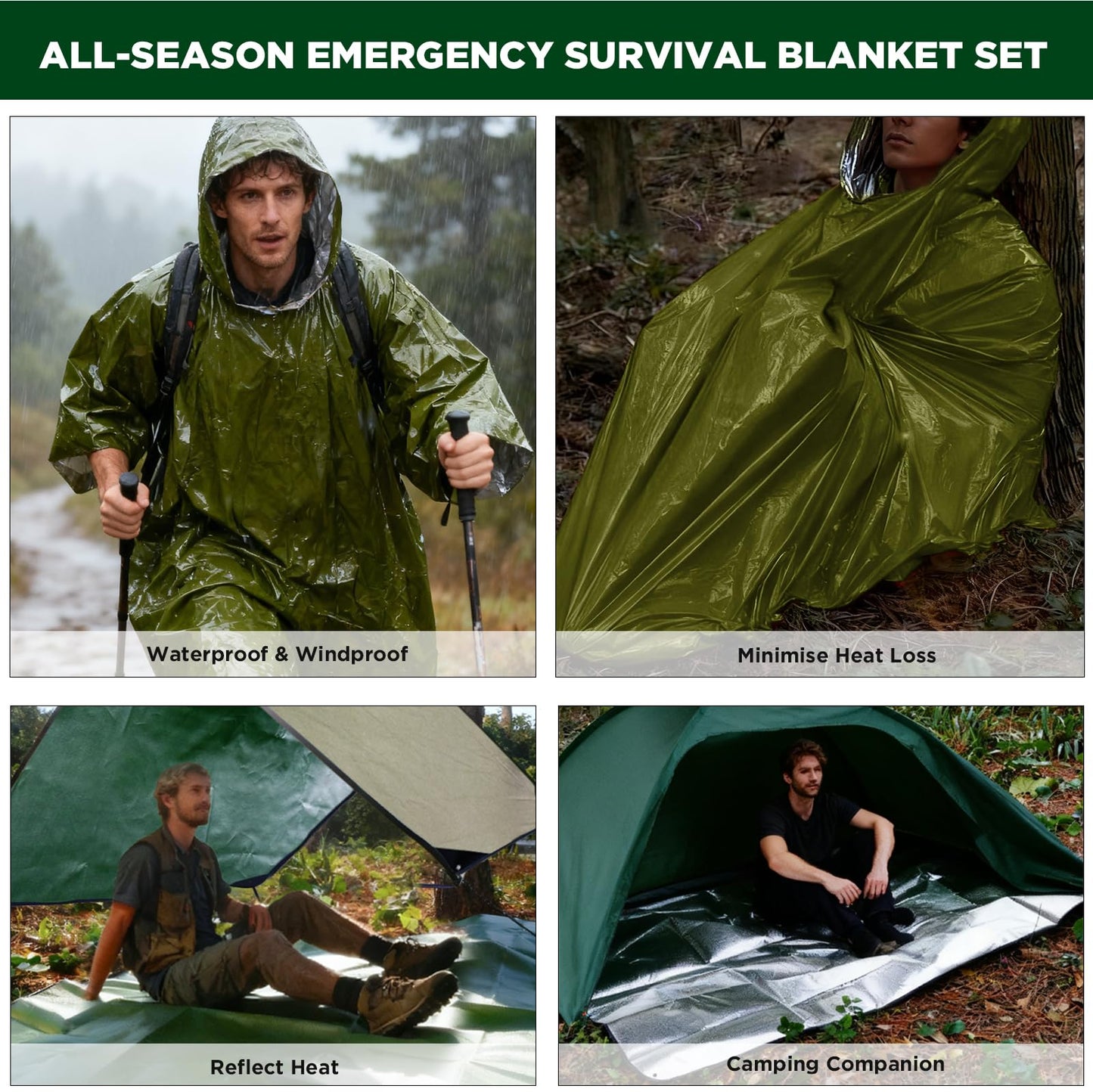 E EASTSTORM Thermal Tarp Survival Shelter Insulated Blanket Reflective 4×7 Ft, All-Weather Space Blankets Emergency Foil Mylar Thermal Blanket for Outdoor Car, Camping, Hiking and Shelter - Green