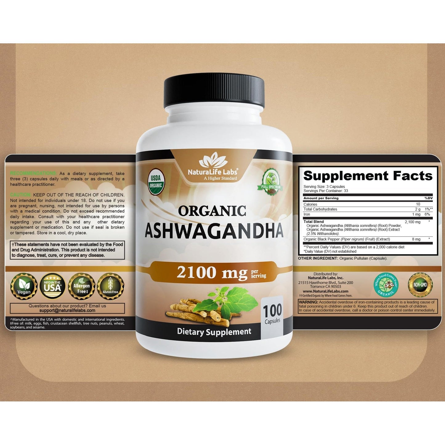 NaturaLife Labs Organic Ashwagandha 2100 mg per Serving – Root Powder & Extract – 100 Capsules – Vegan, Non-GMO, Gluten-Free - Medaid International