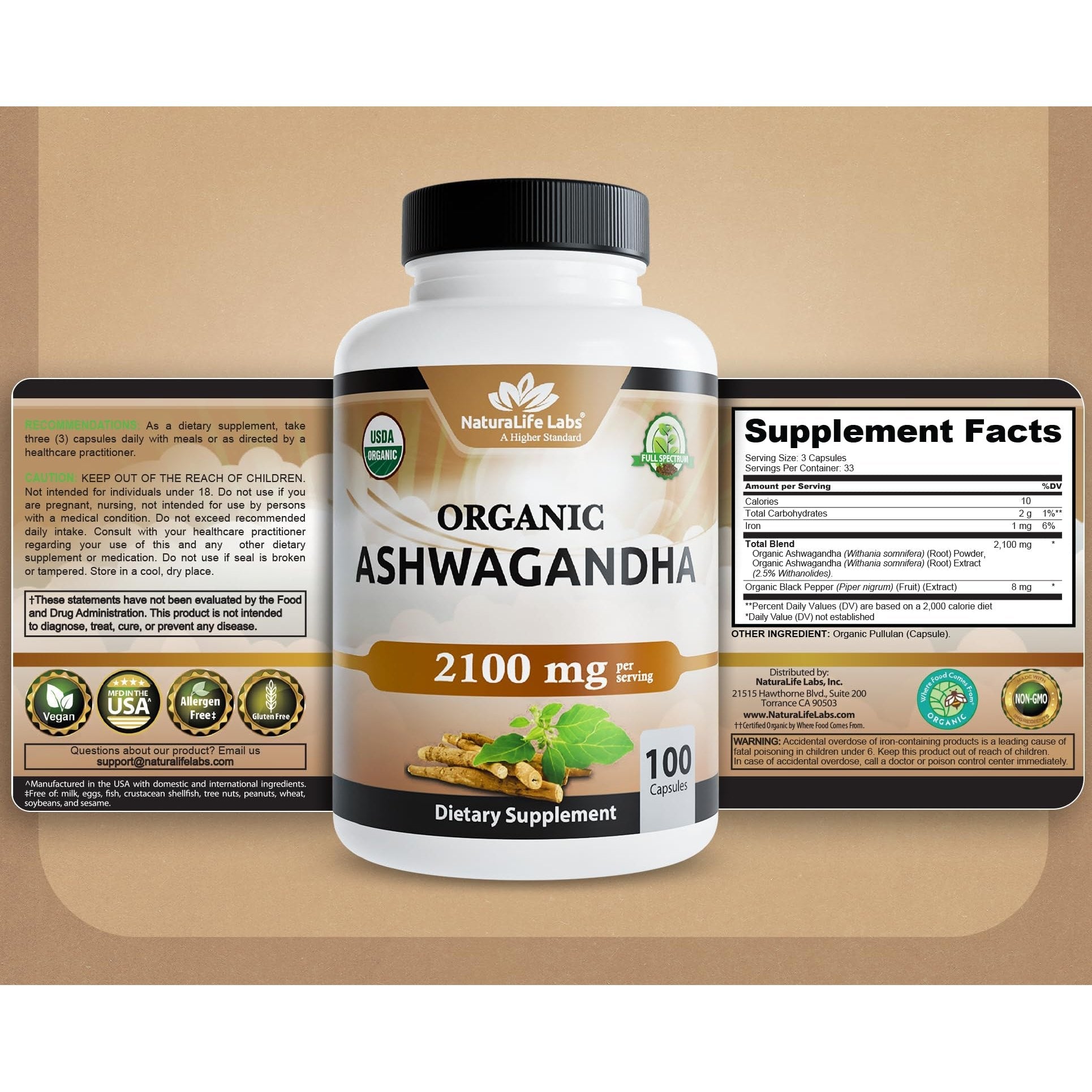 NaturaLife Labs Organic Ashwagandha 2100 mg per Serving – Root Powder & Extract – 100 Capsules – Vegan, Non-GMO, Gluten-Free - Medaid International