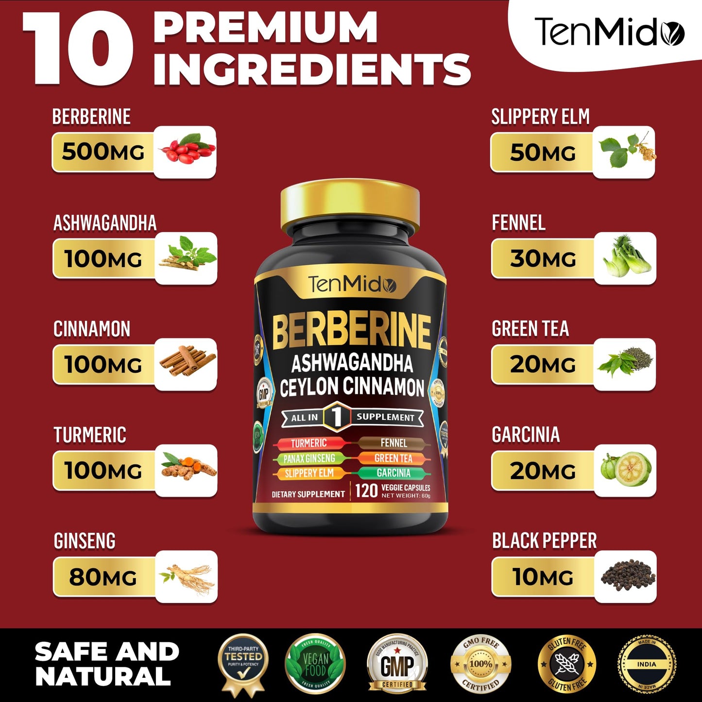 Tenmido Berberine Supplement - 10in1 Formula with Ashwagandha, Ceylon Cinnamon, Turmeric, Panax Ginseng, Slippery Elm, Fennel, Green Tea, & More - Immune, Digestive Support - 120 Caps - Medaid International