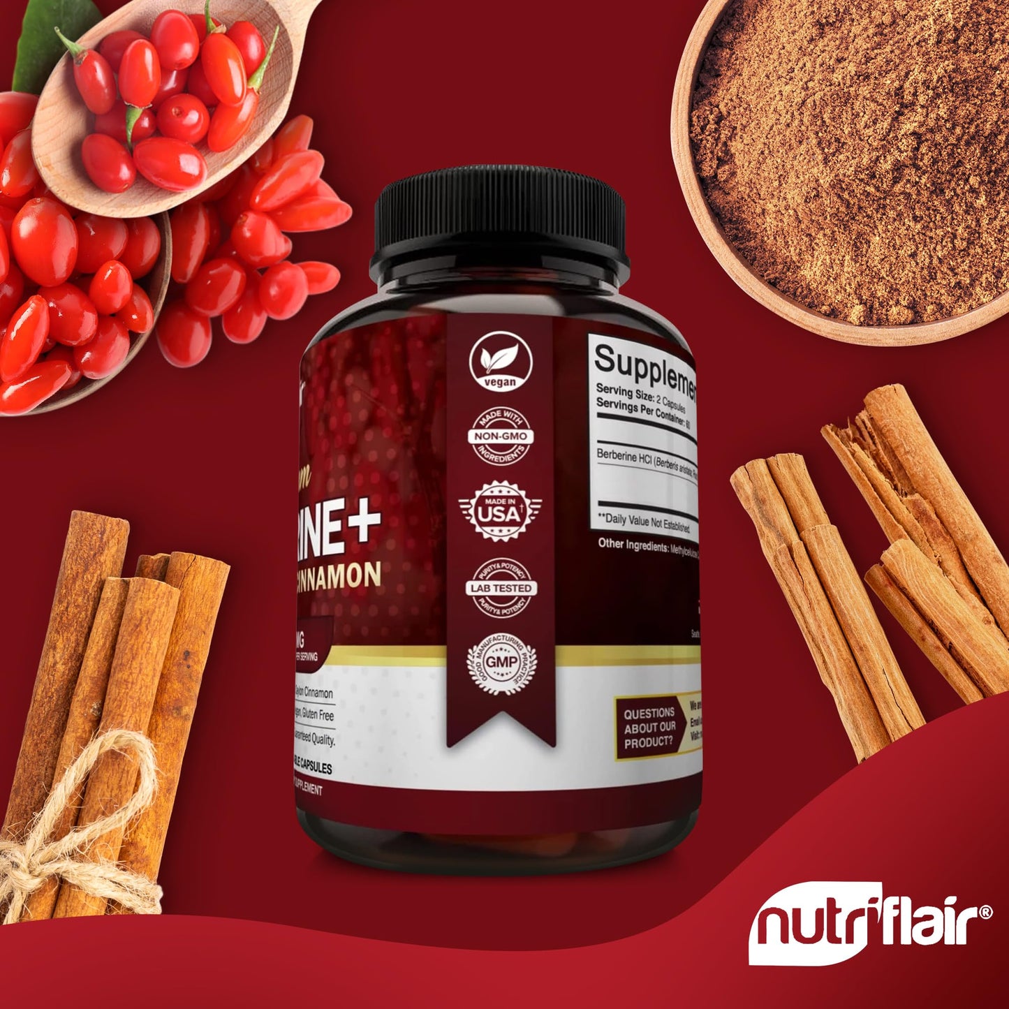 NutriFlair Premium Berberine HCL 1200mg, 120 Capsules - Plus Pure True Ceylon Cinnamon, Berberine HCI Root Supplements Pills - Immune System - yields an Optimal 8% HCl - Medaid International