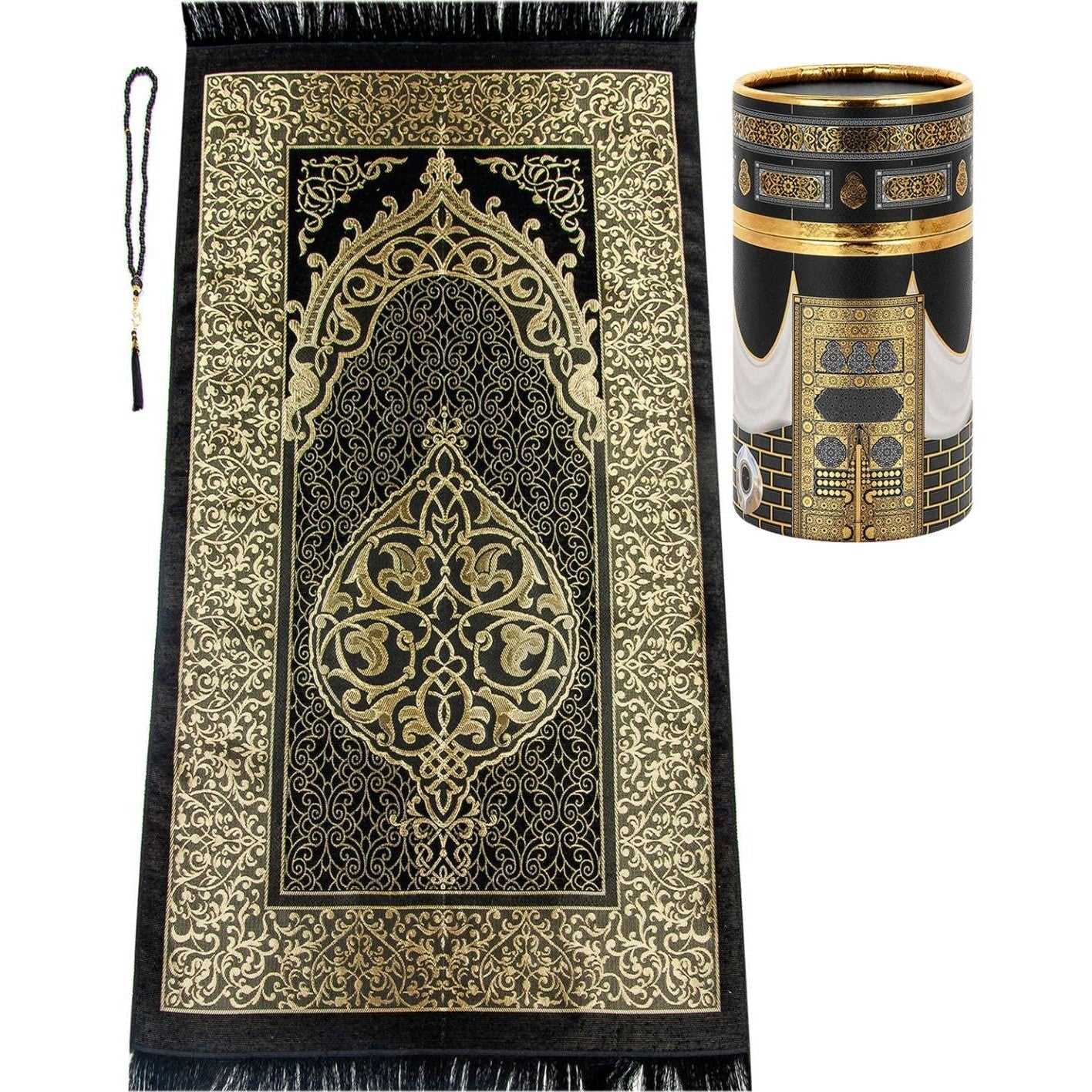 ihvan online Muslim Soft Prayer Rug, Carpet Mat and Prayer Beads with Elegant Design Cylinder Gift Box Set, Janamaz, Sajadah, Islamic, Taffeta Fabric, Black / Mod2 - Medaid International