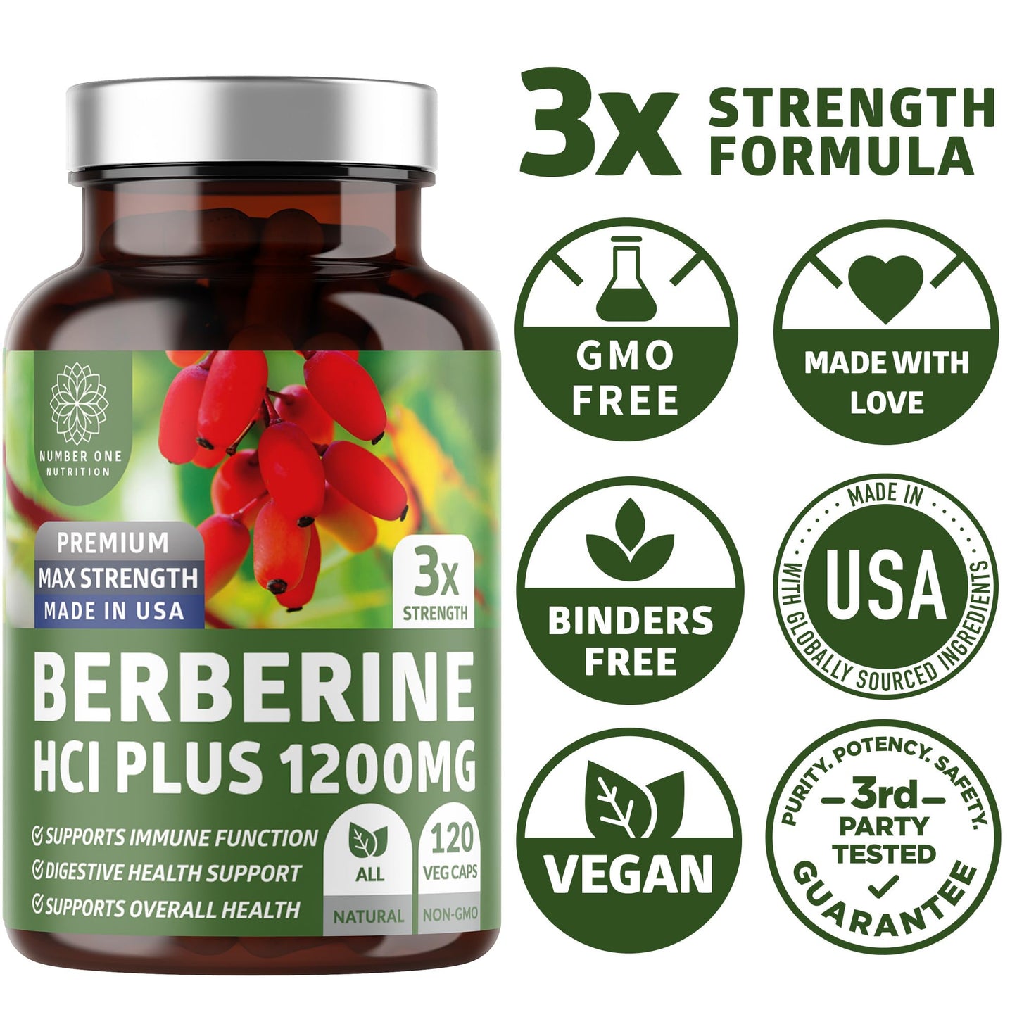 Number One Nutrition N1N Premium Berberine Plus 120 Caps, 1200mg, Natural Supplement Supports Anti-Aging, Cellular Health, Energy and Digestion - Medaid International