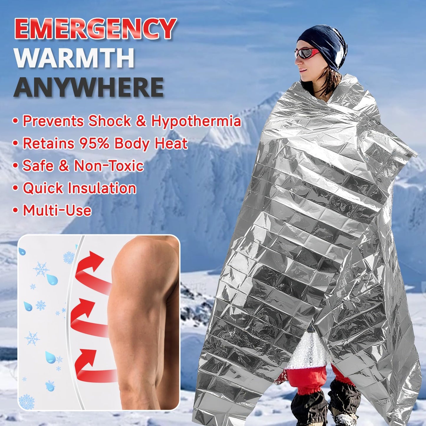 SecuCaptain Survival Emergency Thermal Blankets: Extra Large 84” x63” Space Mylar Blanket Kit for Outdoor Cold Winter Camping Hiking Car Bug Out Bag or First Aid - 10 Pack
