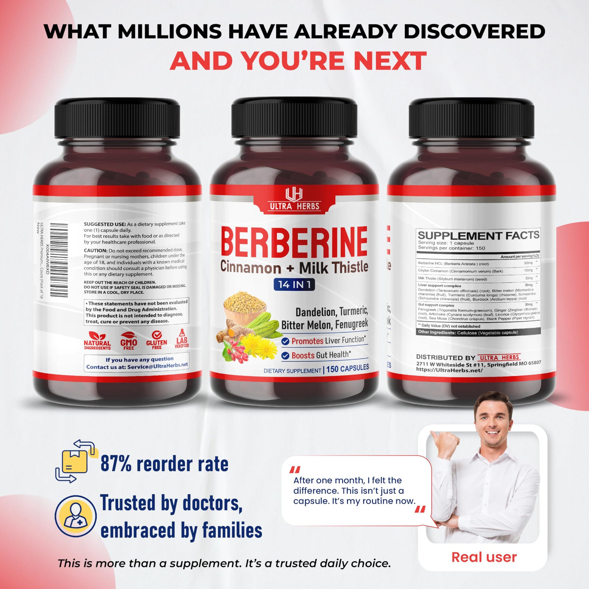 Ultra Herbs Premium Berberine with Cinnamon, Milk Thistle *USA Made & Test* Promotes Liver Function, Gut Health, Immunity (150 Count (Pack of 1)) - Medaid International
