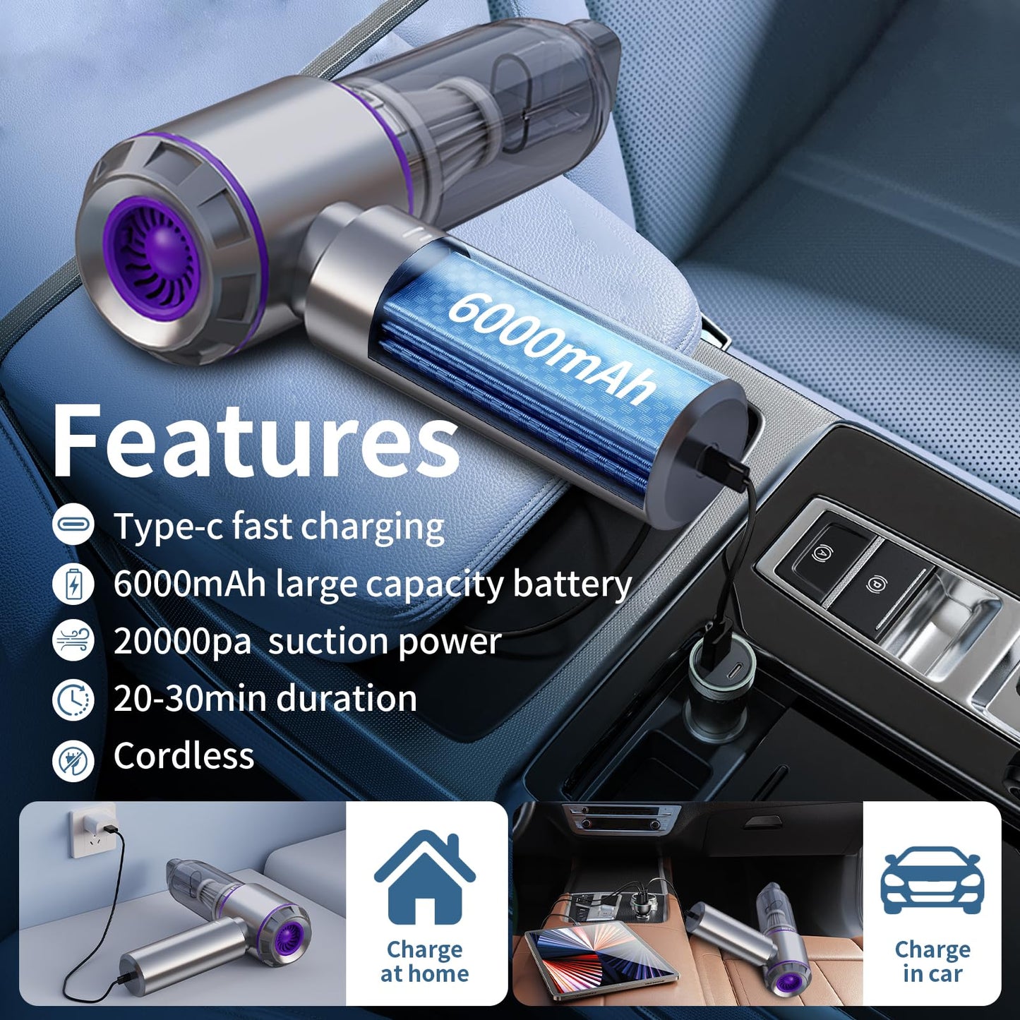 NWDEY Car Vacuum Cleaner High Power 20000Pa – Cordless Handheld Mini Vacuum & Air Duster for Car Detailing, 3-Speed Brushless Motor, 6000mAh Battery, Aspiradora para Carro, Home Office Camping - Medaid International