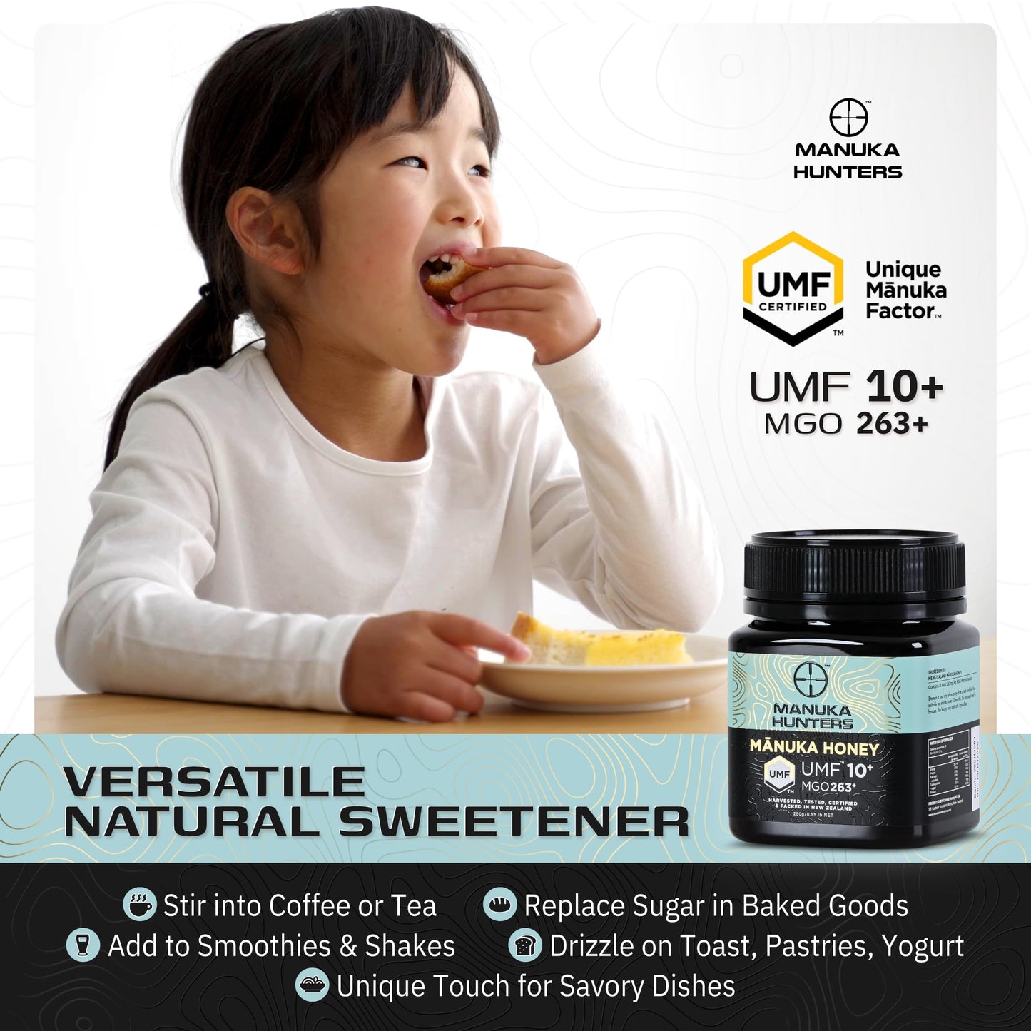 Manuka Hunters UMF 10+/MGO 263+ Certified New Zealand Manuka Honey - 100% Pure Natural Sweetener - Gluten, Dairy Free - Ideal for Tea, Coffee, Smoothies, and Baking - Sustainable - 8.8oz/250g Jar - Medaid International