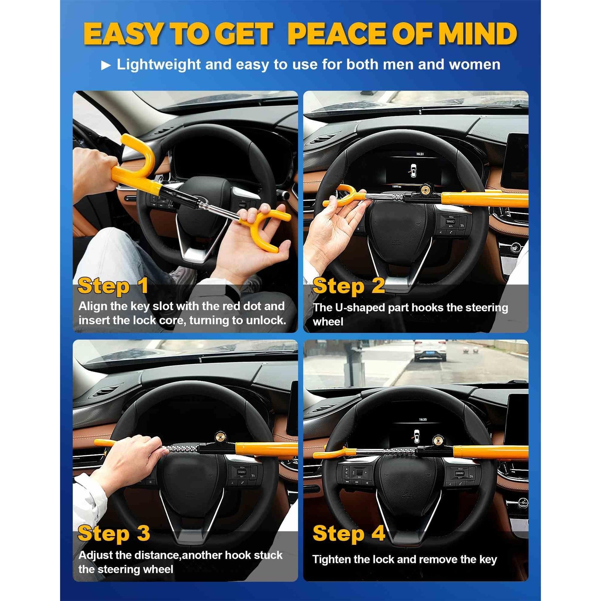 Tevlaphee Steering Wheel Lock - Anti Theft Device with Adjustable Car Wheel Lock, 3 Keys (Yellow) - Medaid International