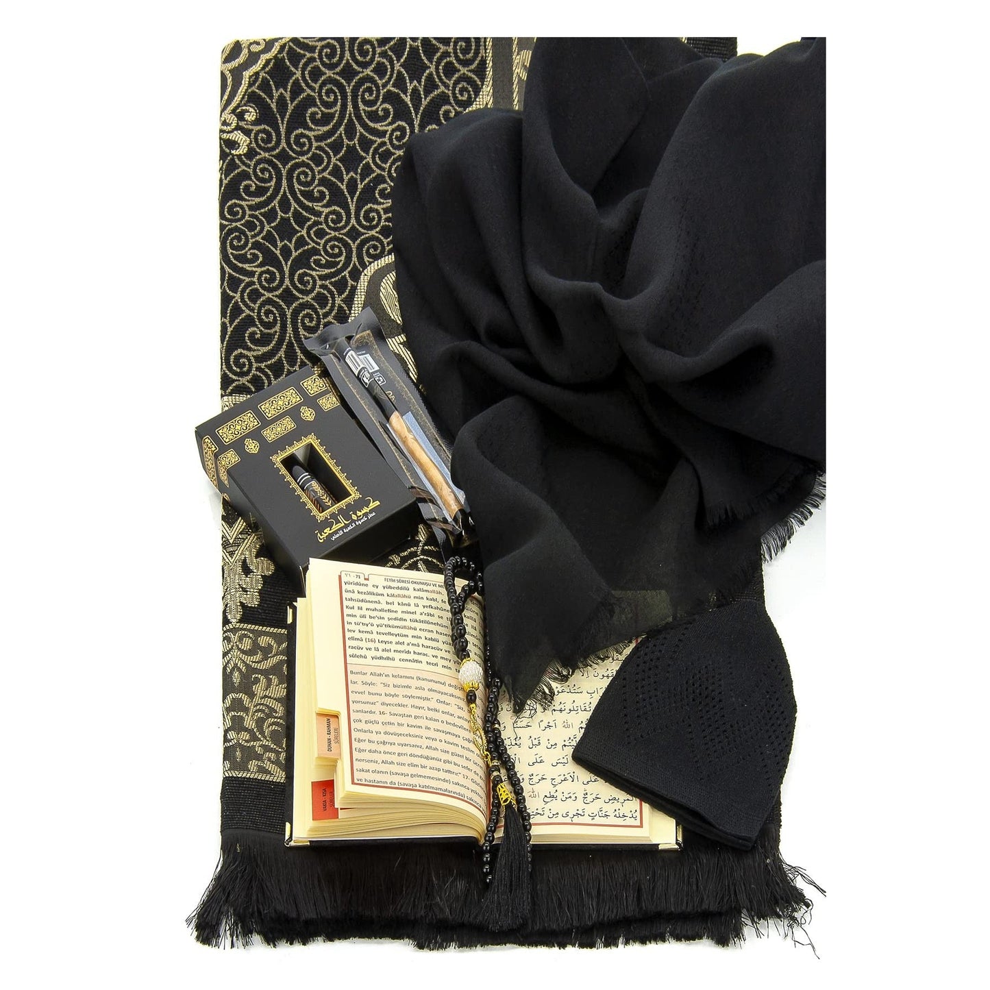 ihvan online Prayer Gift Box for Hajj and Umrah, Muslim Prayer Rug, Islamic Mat, Beads Tesbih, Yaseen Book, Miswak, Muslim Kufi Hat, Islamic Deluxe Set for Ramadan & Eid Gift, Black/Set 3 - Medaid International