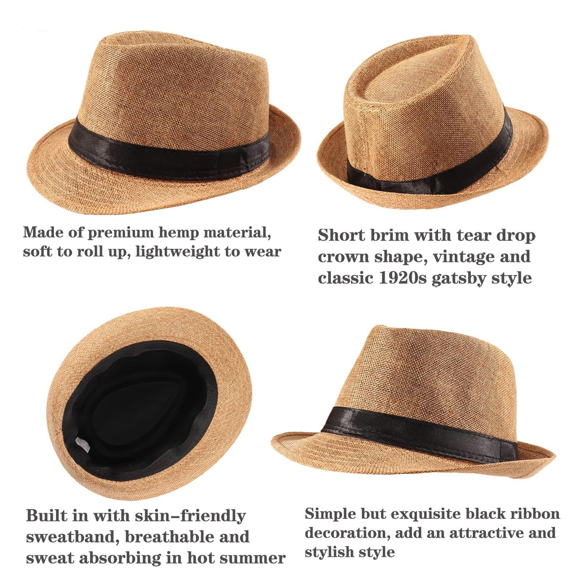 TERRIFI 5-Pack Short Brim Fedora Hats, Classic Summer Beach Sun Hat Panama Caps for Men and Women