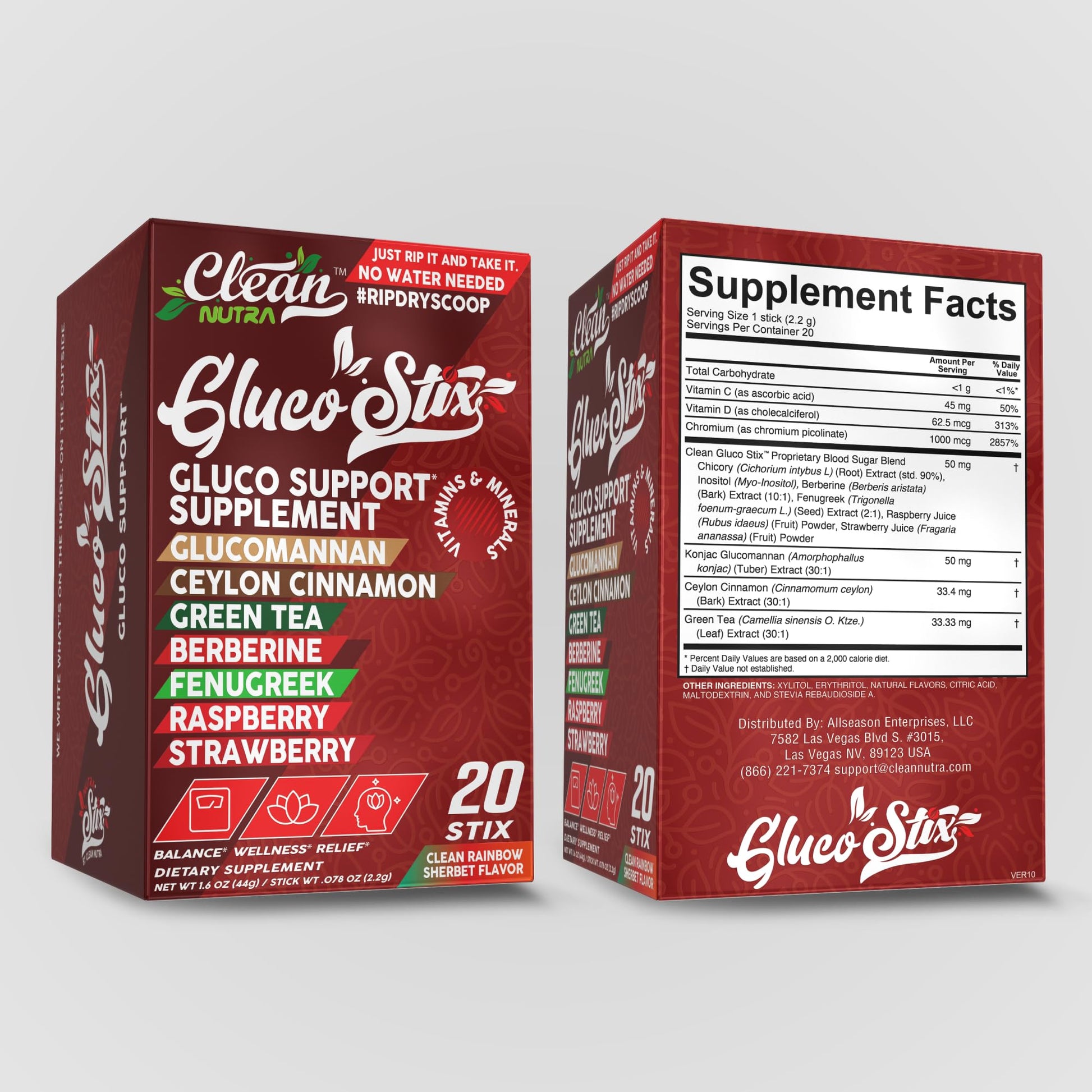 Clean Nutraceuticals Ceylon Cinnamon Powder, Green Tea Extract, Glucomannan, Berberine Supplement, Chromium Picolinate, Apple Cider Vinegar – Rainbow Sherbet Powder Sticks - 20 Count - Medaid International