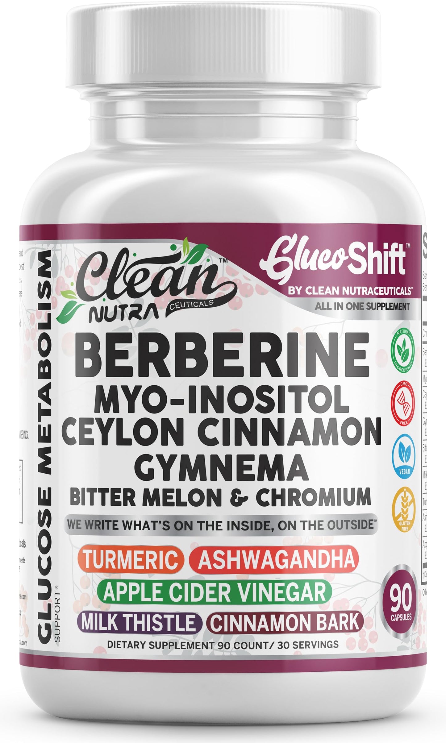Clean Nutra Berberine Supplement with Ceylon Cinnamon Myo-Inositol Gymnema Bitter Melon & Chromium | Berberine HCI Root Extract Complex | 90 Capsules | Vegan, Gluten-Free, Non-GMO - Medaid International