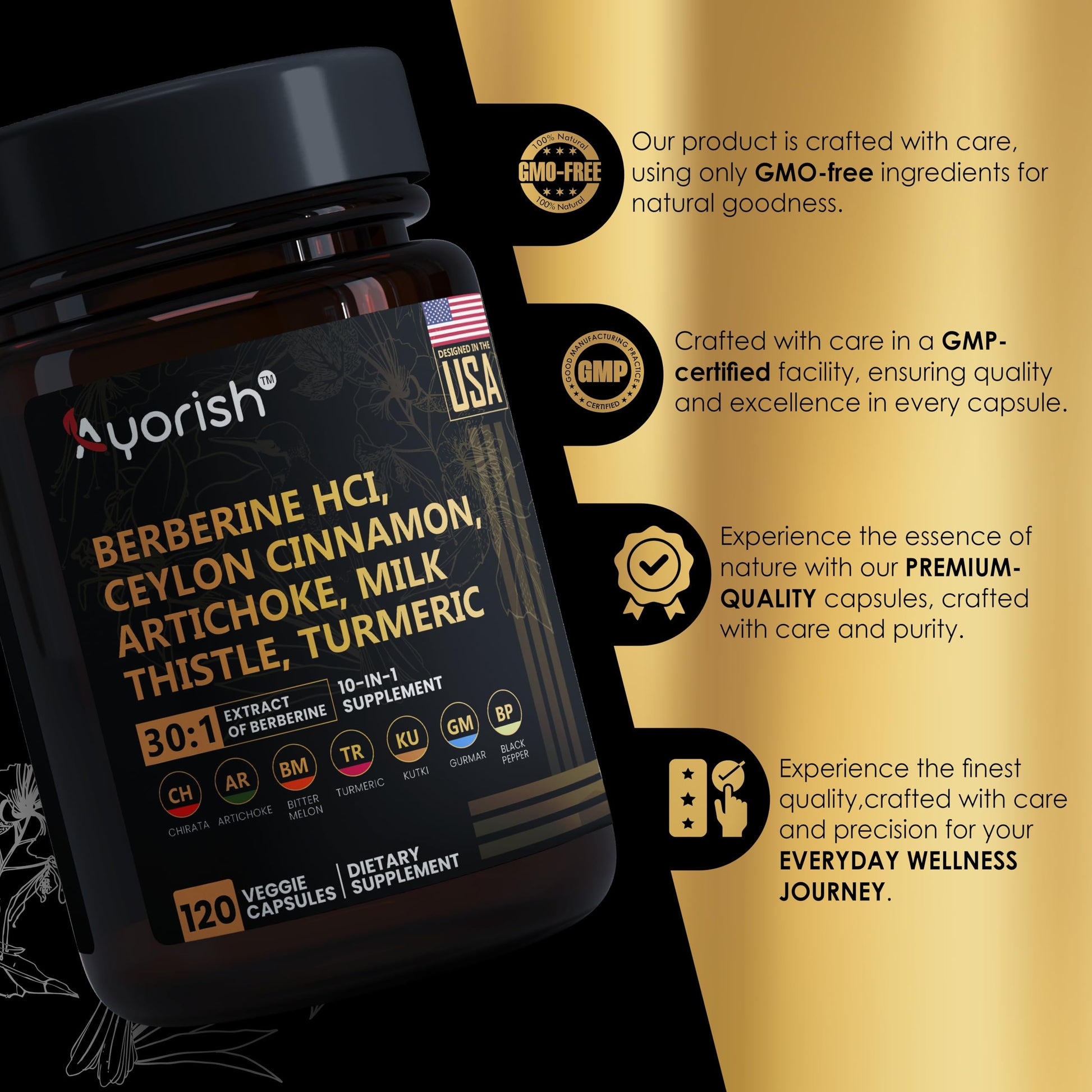 Ayorish Berberine Supplement – High Strength 7500mg Equivalent – Berberine with Ceylon Cinnamon, Milk Thistle & Turmeric – 120 Vegan Capsules – Non-GMO, USA Formulated - Medaid International
