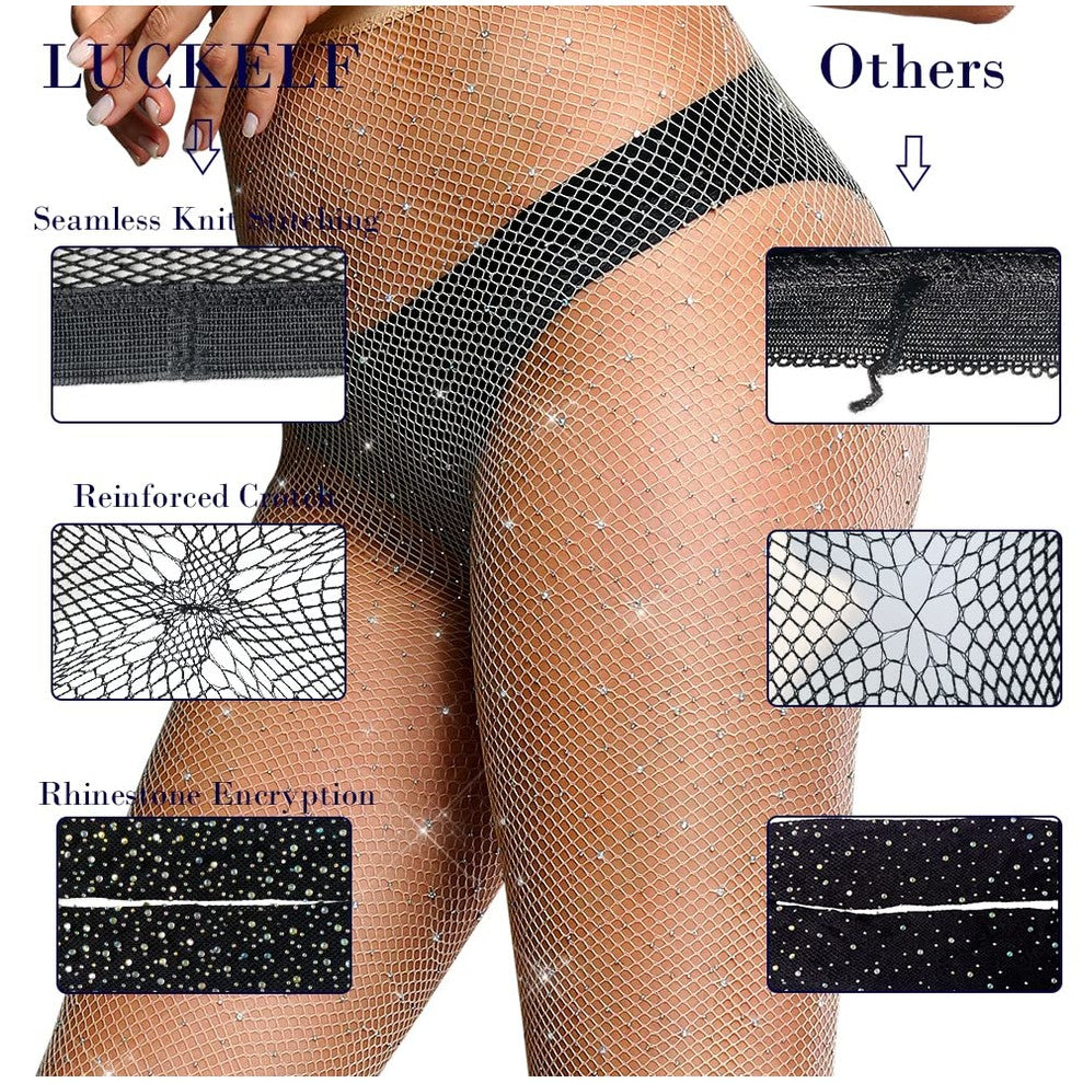 LUCKELF Sexy High Waist Tights Sparkle Rhinestone Fishnets Party Rhinestone Mesh Stockings (Free Size, Natural) - Medaid International