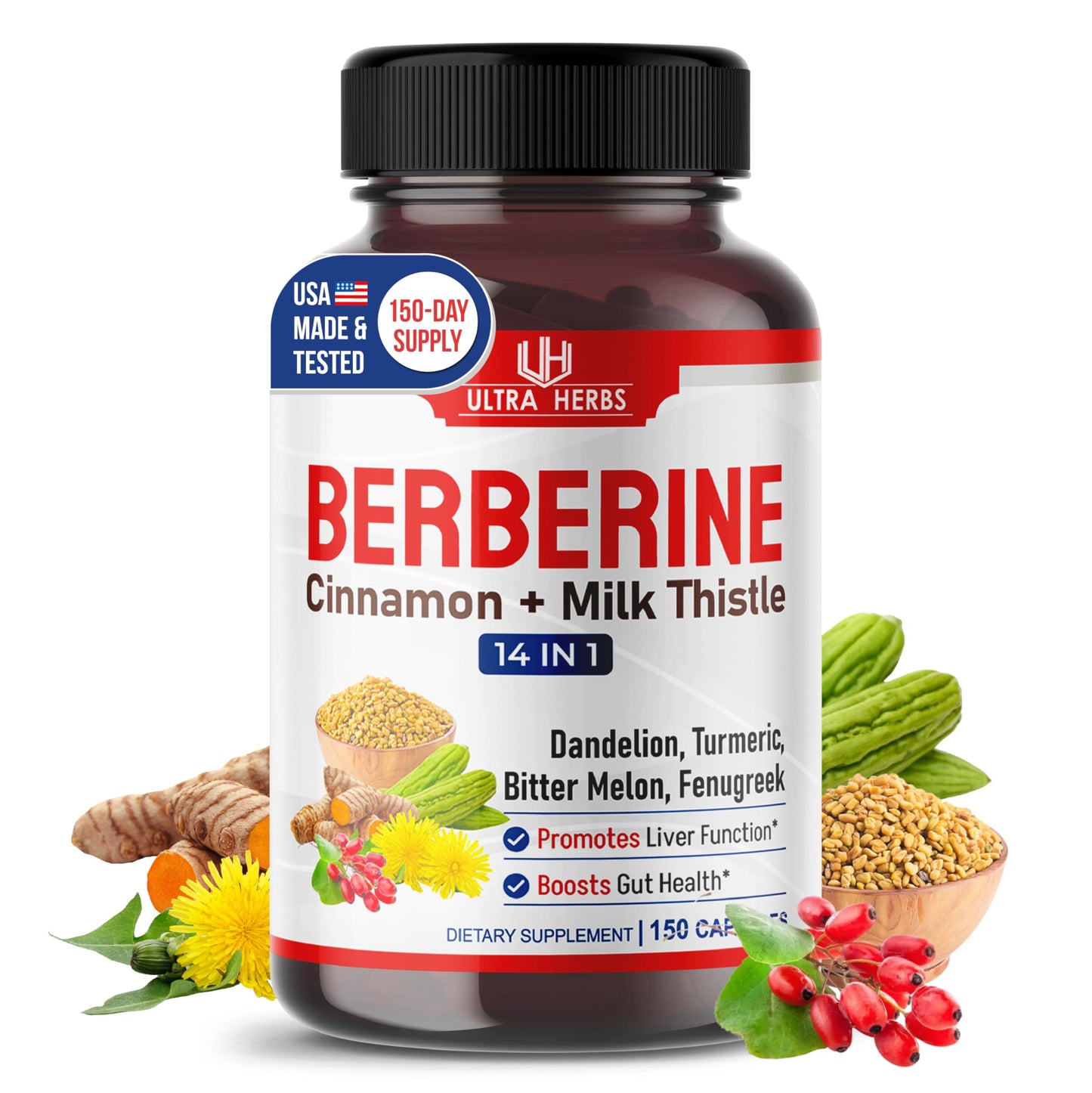 Ultra Herbs Premium Berberine with Cinnamon, Milk Thistle *USA Made & Test* Promotes Liver Function, Gut Health, Immunity (150 Count (Pack of 1)) - Medaid International