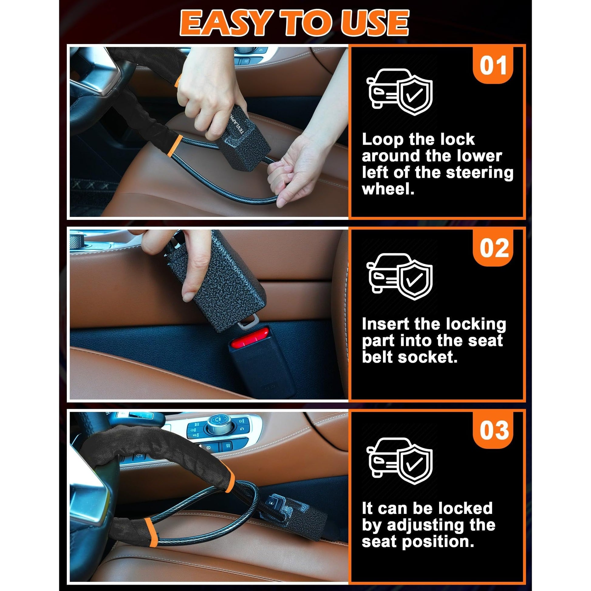 Tevlaphee Steering Wheel Lock Seat Belt Lock Universal Anti Theft Car Device Car Lock Car Theft Prevention with 3 Keys for Car Security Fit Most Vehicles Truck SUV Van (Black) - Medaid International