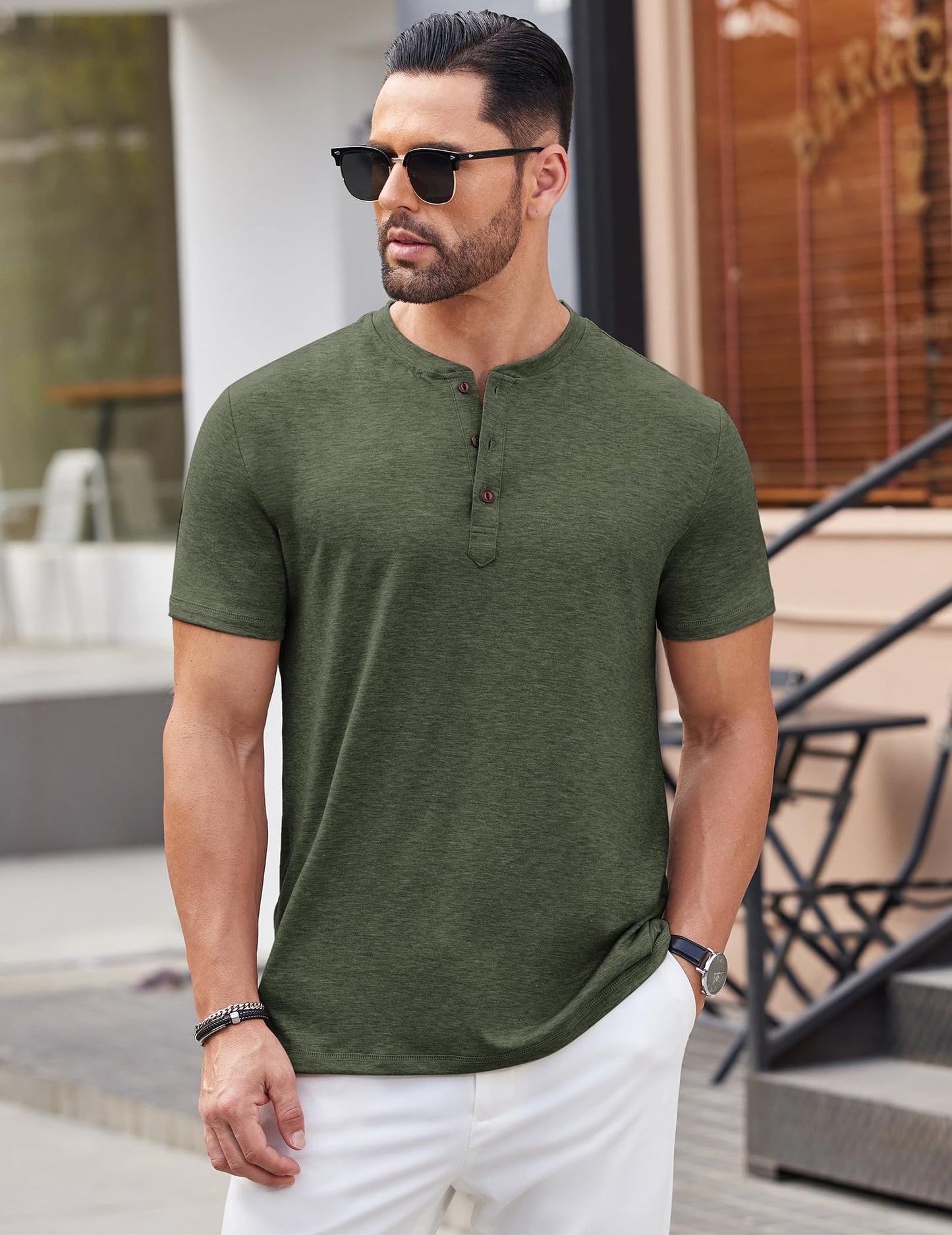 COOFANDY Men's Henley Short Sleeve Shirts Casual Button Henley Basic Tee Solid Fashion Shirts Dark Green - Medaid International