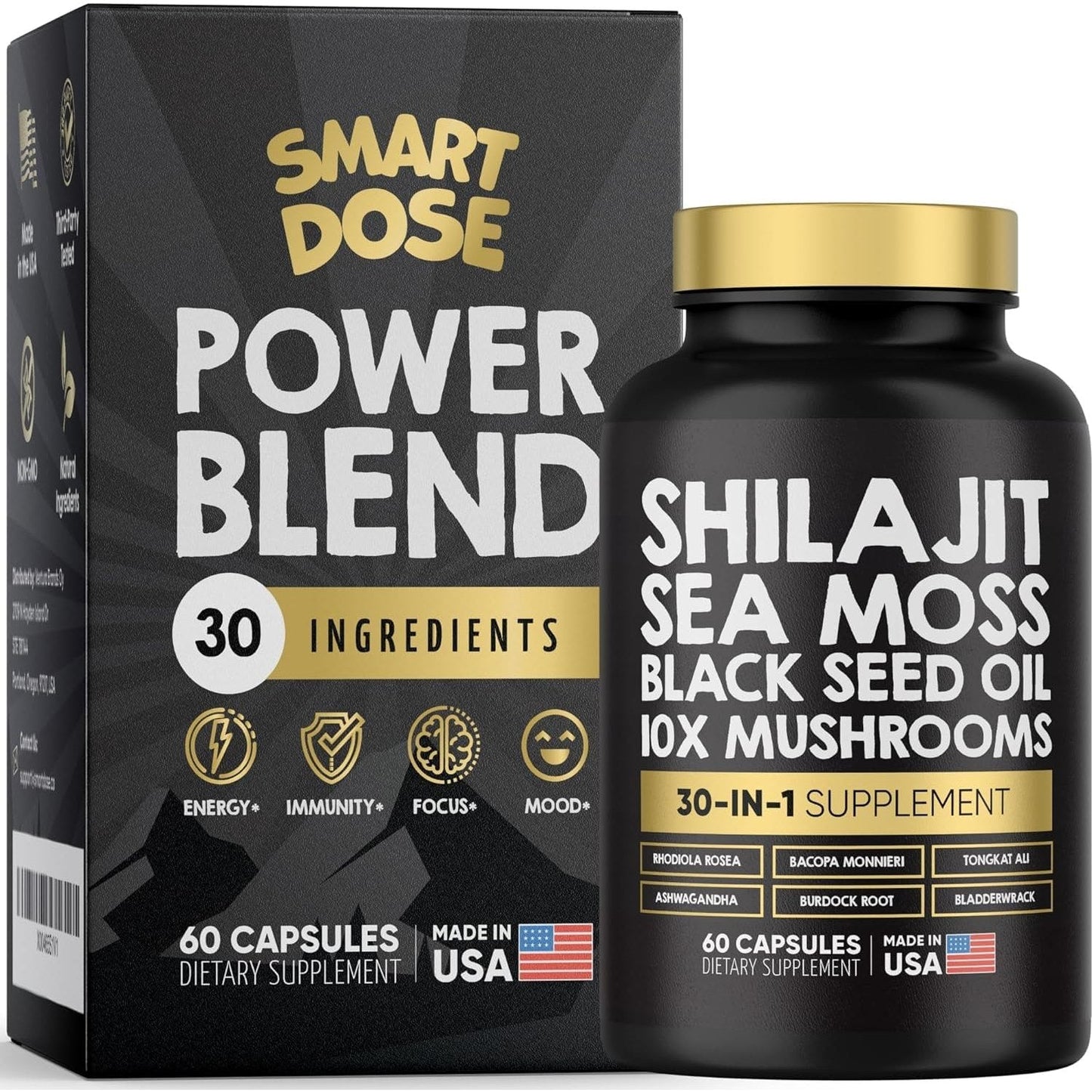 Smart Dose Power Blend Capsules - 30-in-1 Supplement Bundle with Shilajit 6000mg, Sea Moss 4000mg, Black Seed Oil 4000mg, Ashwagandha 2000mg, 10x Mushrooms, Tongkat Ali, Maca, Holistic Pills Combo - Medaid International