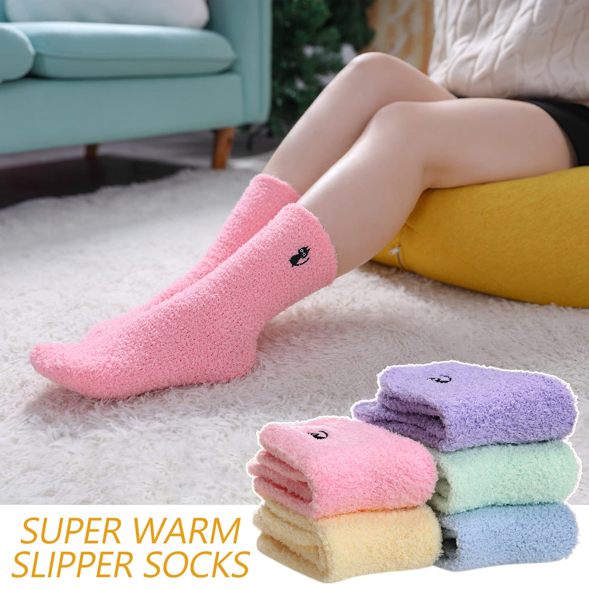 Womens Fuzzy Slipper Socks, Coral Fleece, 5 Pairs, US Sizes 5-10
