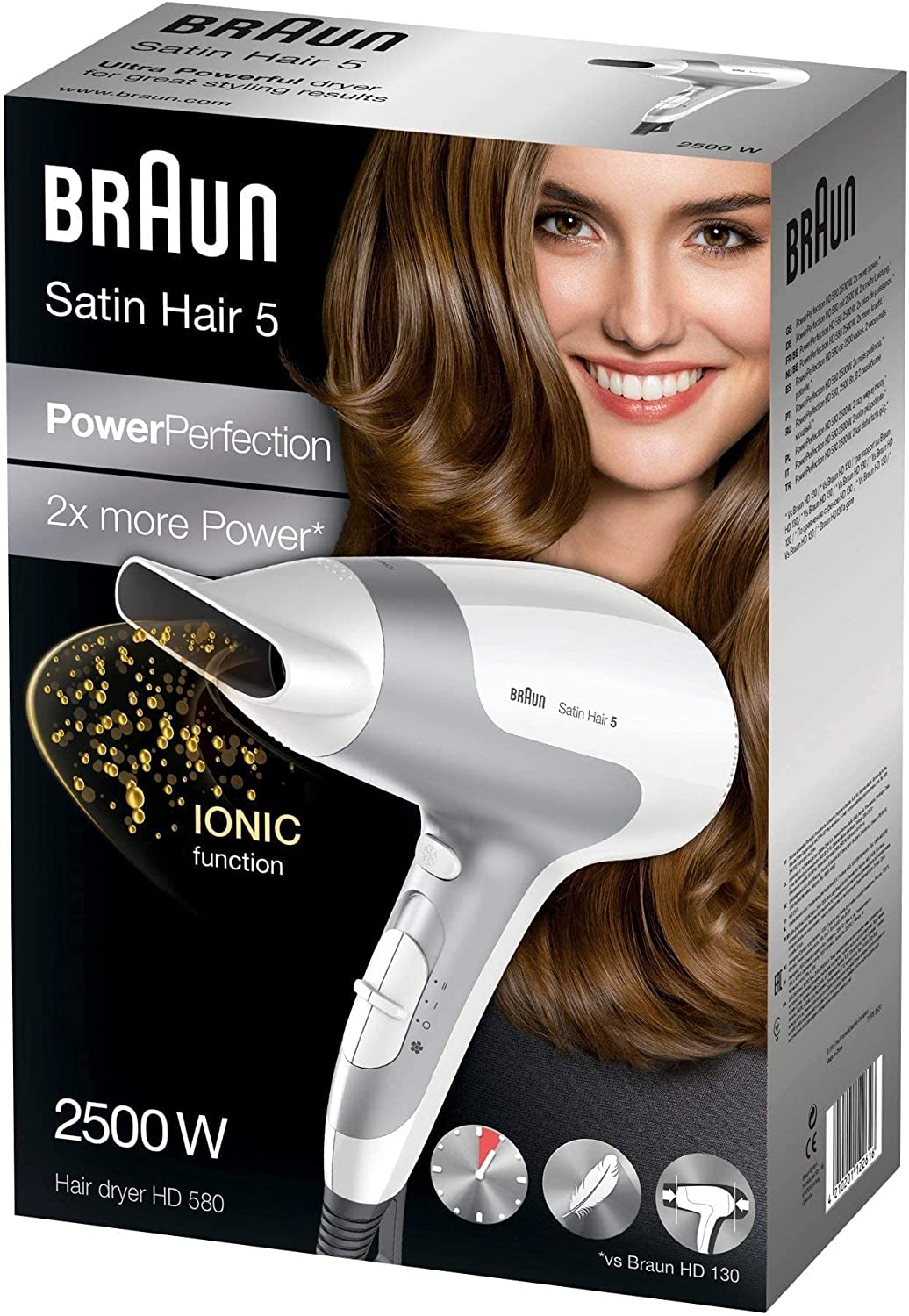 Braun HD580 Satin Hair 5 Power Perfection Hair Dryer (White/Grey)