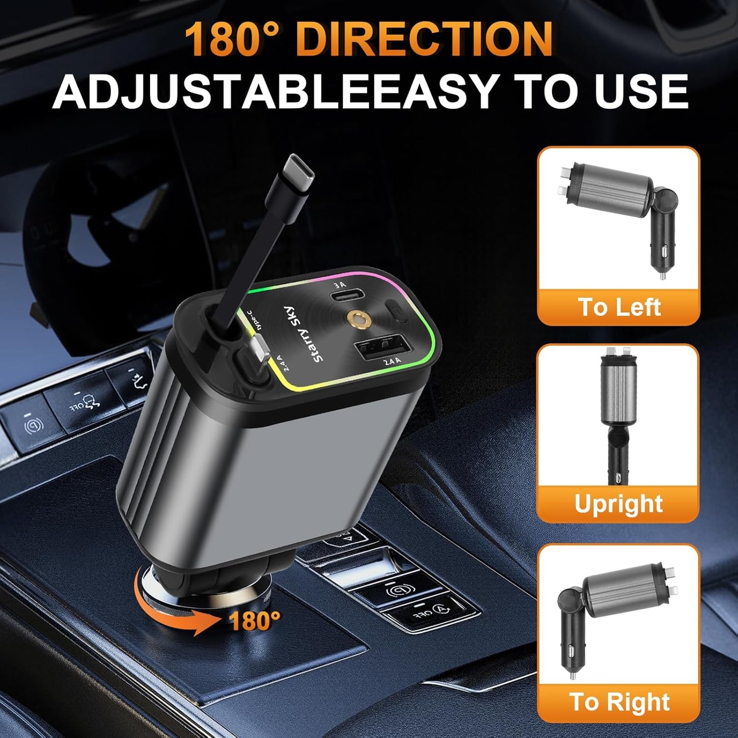 4-in-1 - Retractable Car Charger with Starry Light 120 Watt Fast Charger IOS and Android