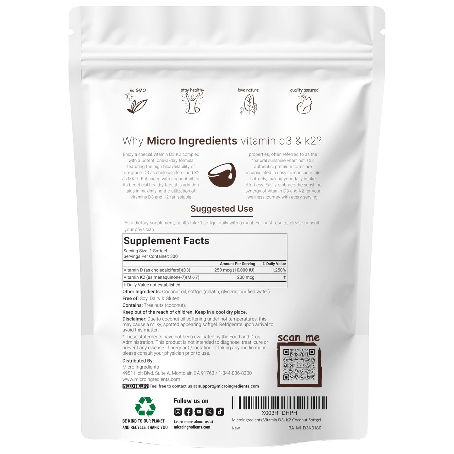 Micro Ingredients Vitamin D3 10,000 IU + K2 MK-7 200 mcg, 300 Softgels | Virgin Coconut Oil | 2-in-1 Bone, Immune & Heart Support | Easy to Swallow, Non-GMO - Medaid International