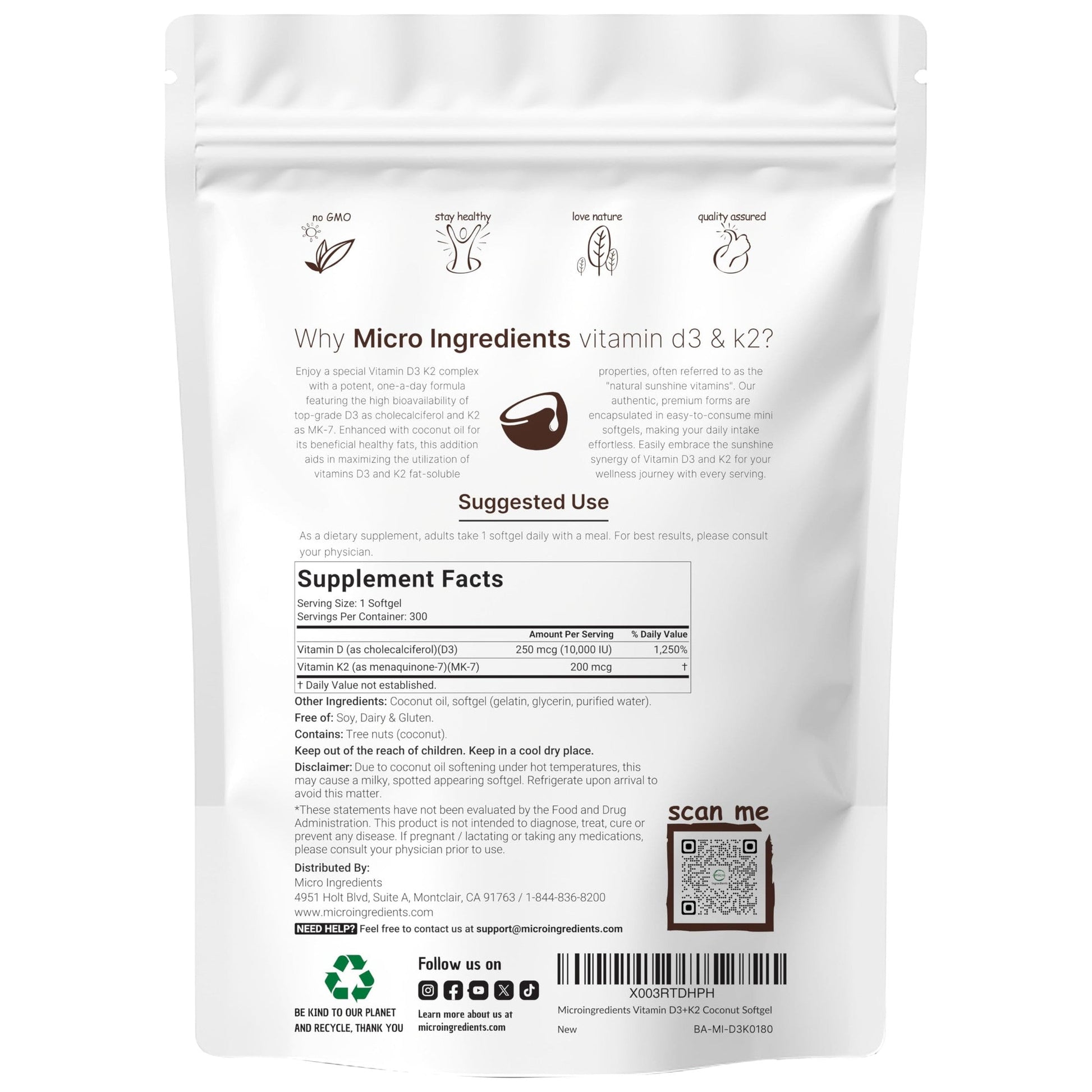 Micro Ingredients Vitamin D3 10,000 IU + K2 MK-7 200 mcg, 300 Softgels | Virgin Coconut Oil | 2-in-1 Bone, Immune & Heart Support | Easy to Swallow, Non-GMO - Medaid International