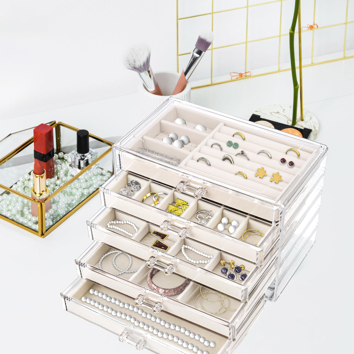 TERRIFI Acrylic Jewelry Organizer with 5 Drawers, Velvet-Lined Jewelry Storage Display, Earring Holder and Necklace Organizer, Elegant Gift for Women, Ideal for Storing and Displaying Jewelry