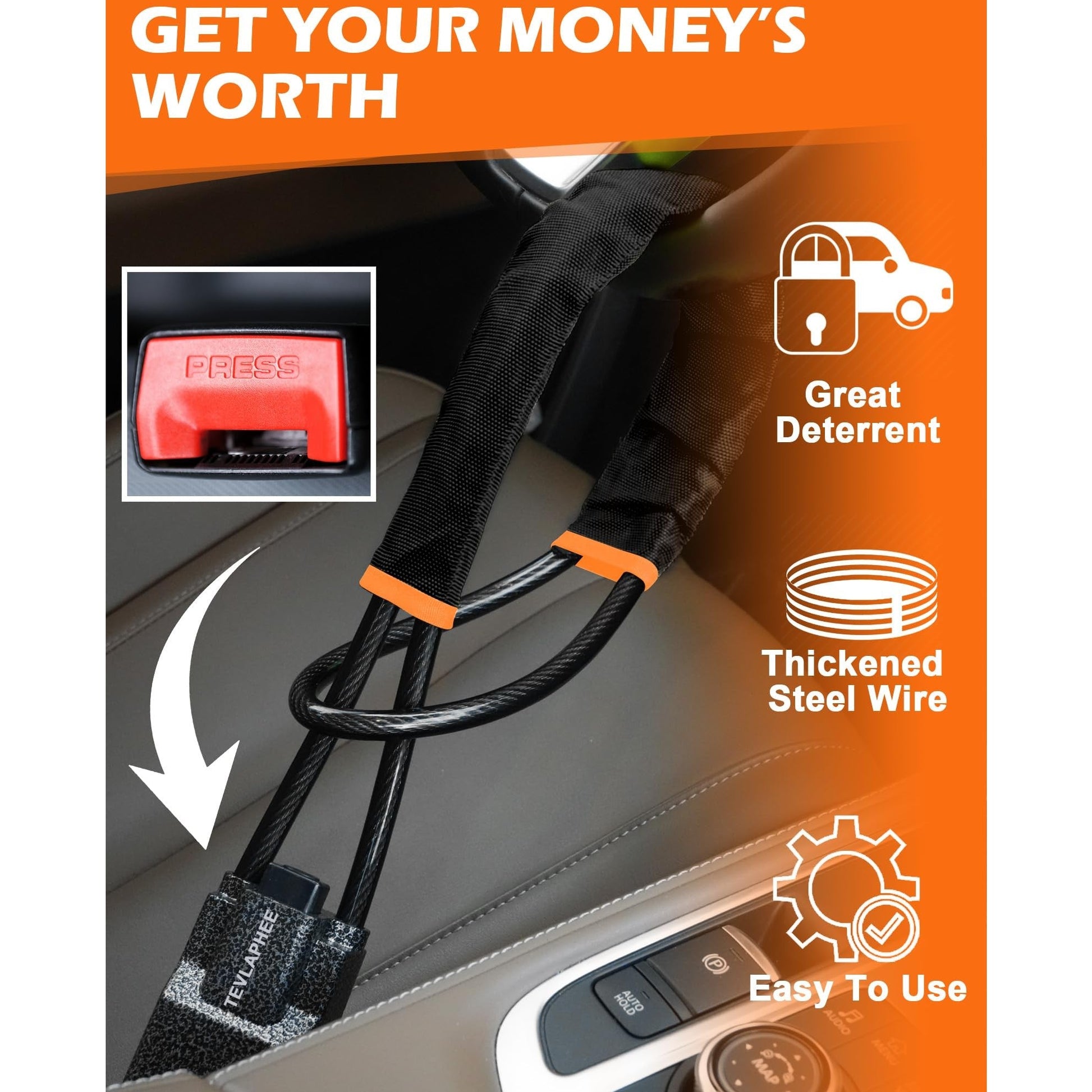 Tevlaphee Steering Wheel Lock Seat Belt Lock Universal Anti Theft Car Device Car Lock Car Theft Prevention with 3 Keys for Car Security Fit Most Vehicles Truck SUV Van (Black) - Medaid International