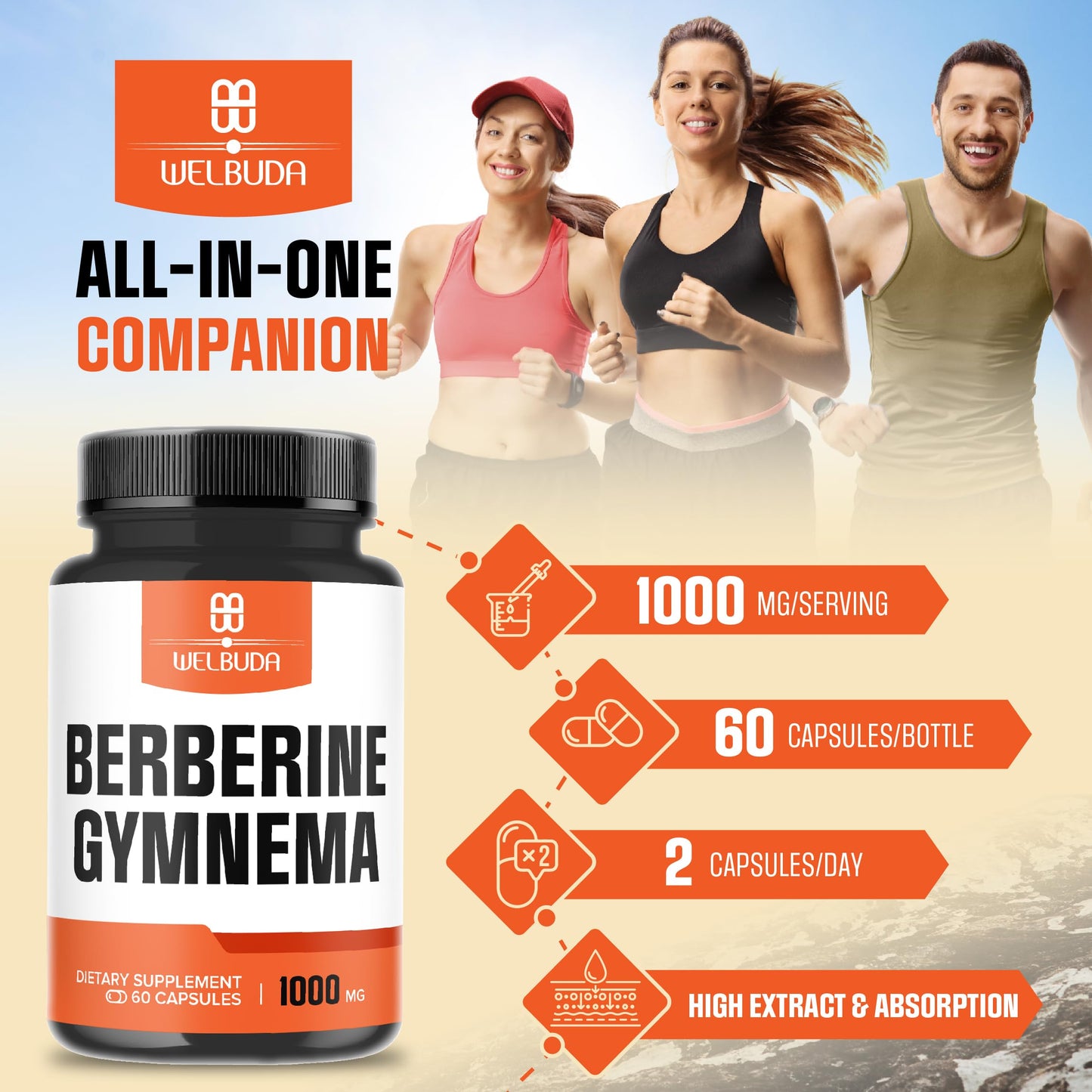 WELBUDA 1000mg Berberine Supplement with Organic Gymnema Sylvestre Leaf - 60 Capsules with High Concentrated Extract - Support for Immune System, Circulatory Health & Gastrointestinal Function - Medaid International