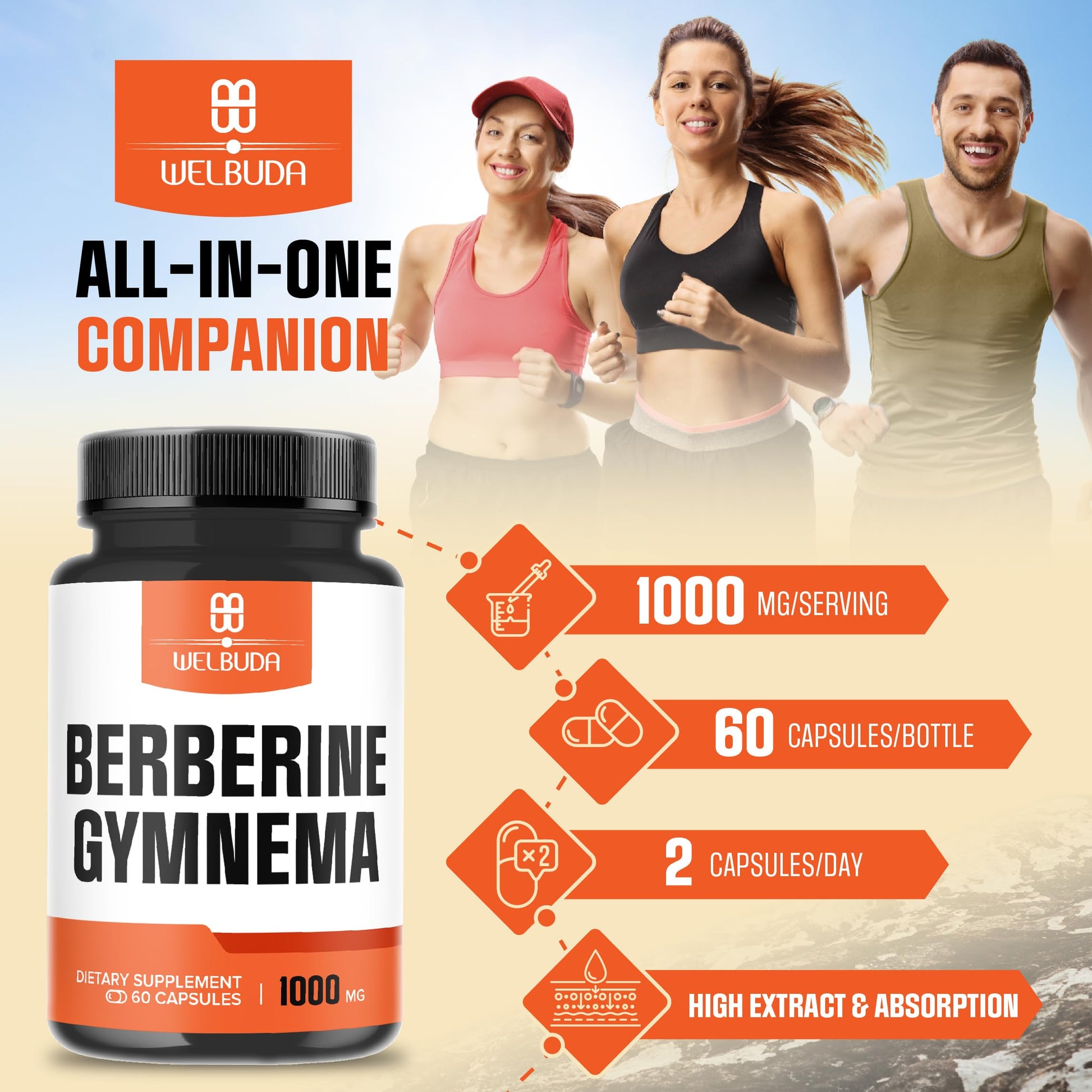 WELBUDA 1000mg Berberine Supplement with Organic Gymnema Sylvestre Leaf - 60 Capsules with High Concentrated Extract - Support for Immune System, Circulatory Health & Gastrointestinal Function - Medaid International