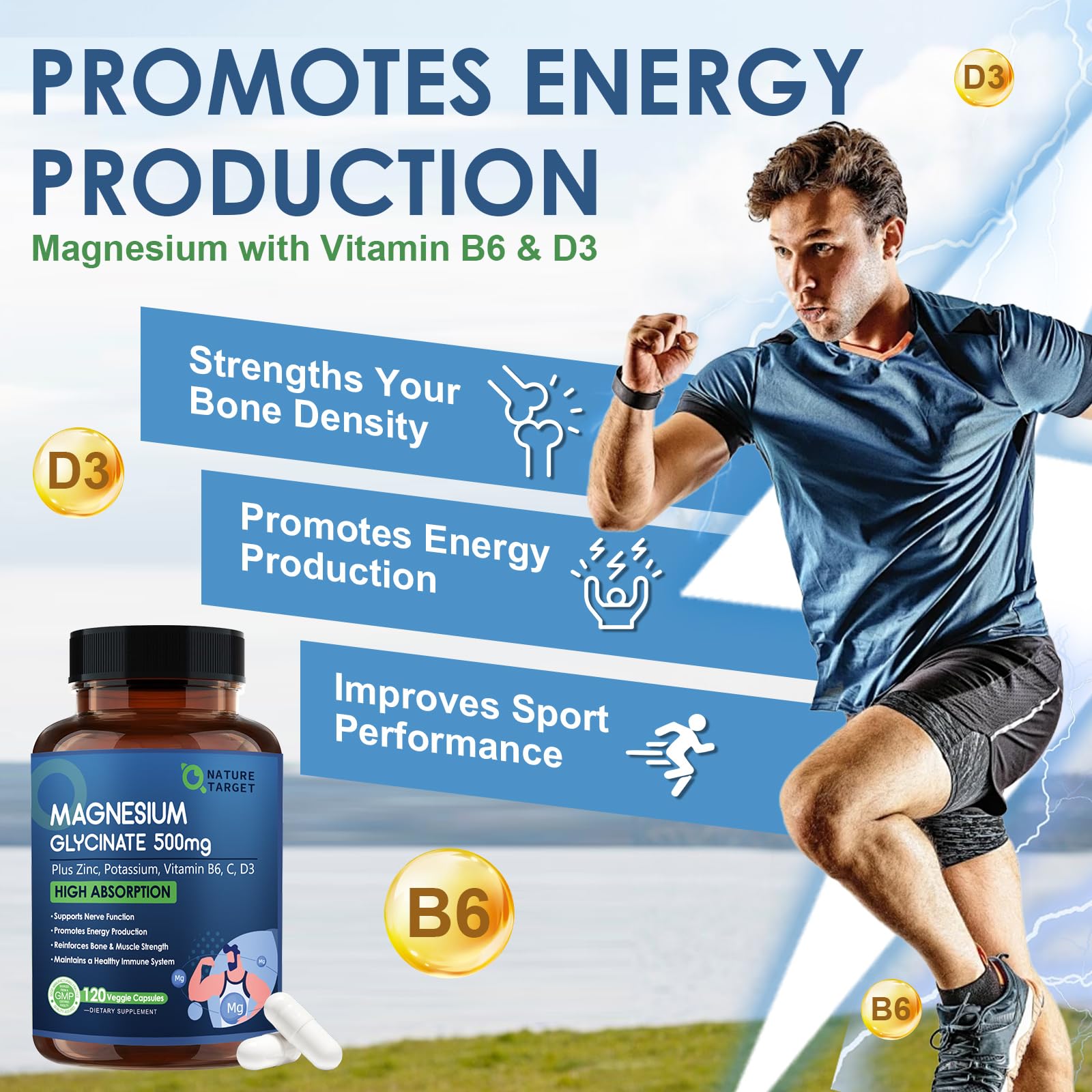 NATURE TARGET Magnesium Glycinate 500mg, Chelated Magnesium with Zinc & Vitamin D3 for Muscle, Nerve & Bone, Support Heart Health & Leg Cramp, Strength Immune System - 120 Capsules - Medaid International