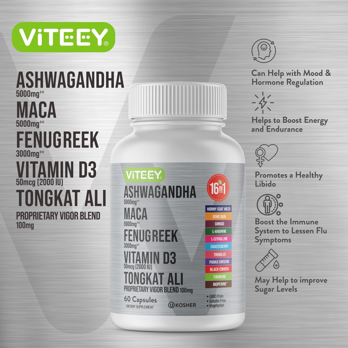 Viteey Ashwagandha Maca Fenugreek Supplement with Tongkat Ali – Drive, Passion & Energy Support for Men & Women – Mood, Calm & Stress Support - 60 Capsules - Medaid International