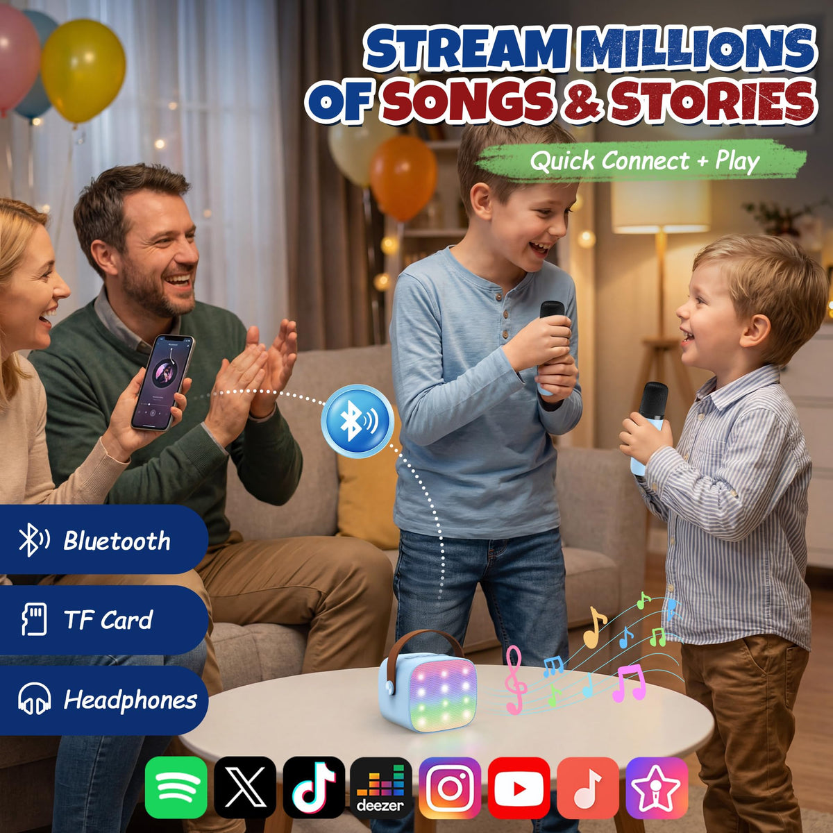 Karaoke Machine for Kids, Portable Bluetooth Speaker with 2 Wireless Microphones,18 Pre-Loaded Songs, Birthday for 3 4 5 6 7 8 + Year Old Boys Toys - MULTICOLOR
