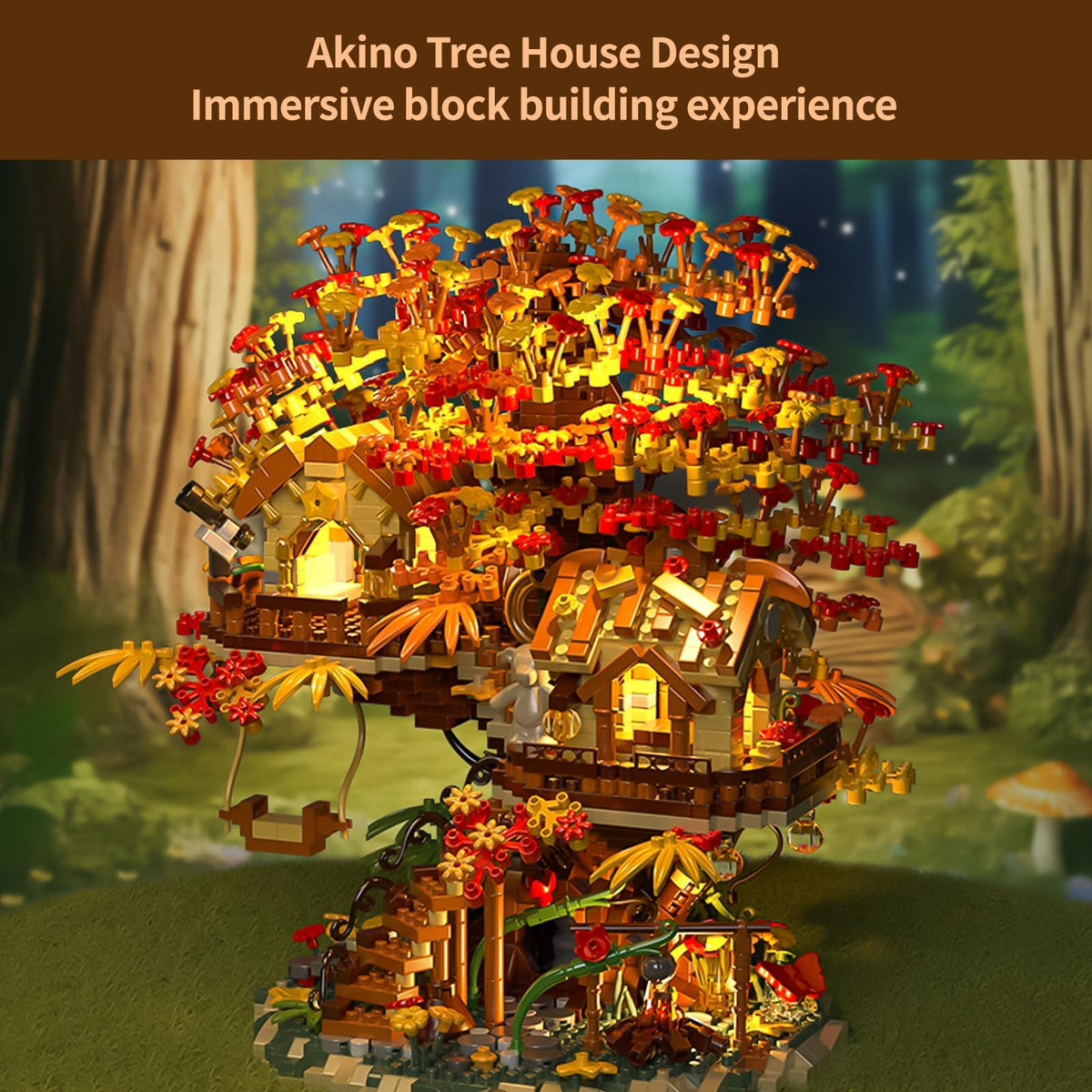 KASTWAVE Treehouse Building Blocks Set with LED Lights, Akino Forest Style Building Toy Kit, Miniature Tree House Model Decor, Ideal Birthday for Age8+ Kids Adults (2725PCS Micro Bricks)