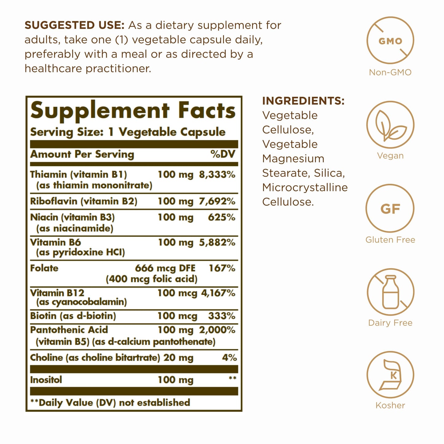 Solgar B-Complex "100", 50 Vegetable Capsules - Nervous System Support - Supports Energy Metabolism - Non-GMO, Vegan, Gluten Free, Dairy Free, Kosher - 50 Servings - Medaid International