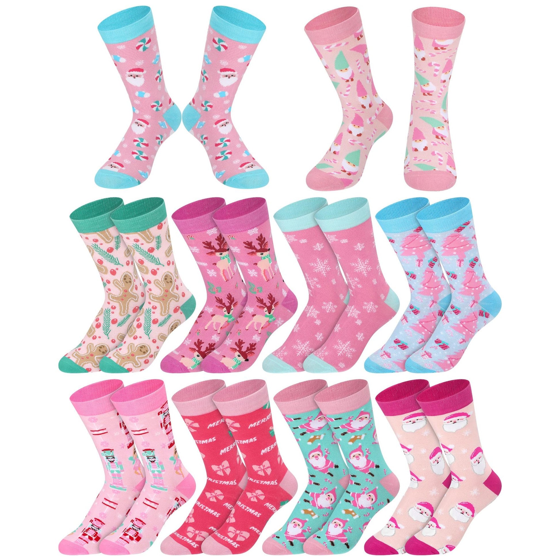 Croloose 10 Pairs Pink Christmas Socks for Women Bulk Fun Xmas Crew Socks Holiday Gift for Stocking Stuffer Party Favors (Multicolor Style) - Medaid International