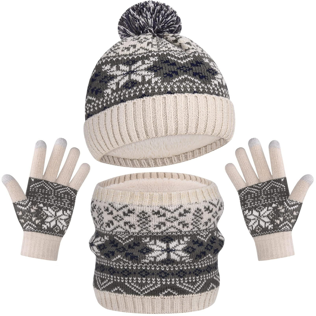 Kids Warm Beanie Hat Scarf Gloves Set 3 in 1 Thermal Knit Hat Scarf Gloves Set Winter Accessories Sets Snood Scarf Gloves Set with Double Layer Fleece Lining Boys Girls