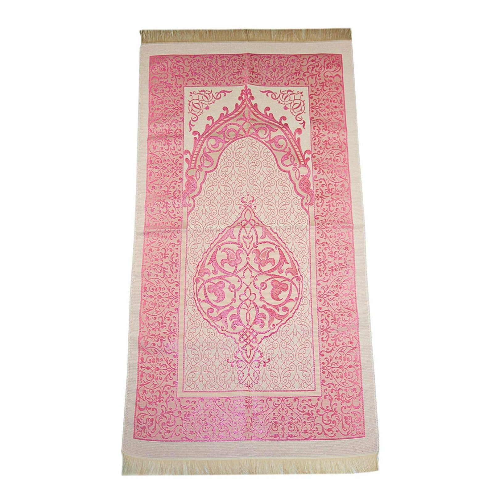 Muslim Prayer Rug and Prayer Beads with Elegant Cylinder Gift Box | Janamaz | Sajadah | Soft Islamic Prayer Rug | Islamic Gifts Set | Prayer Carpet Mat, Taffeta Fabric, Pink - Medaid International