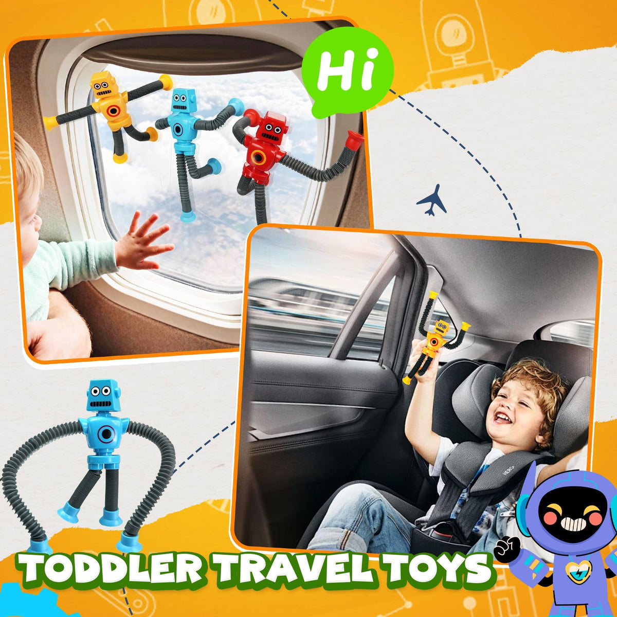 Easter Basket Stuffer Gift Robot Sensory Travel Toys 4Pcs for Toddlers Kid Boy Year Old Ages 3 4 5 6 7 8 9, Airplane Activities Suction Autism Pop Tube Fidget Toys Autistic Stocking Valentine for Kids
