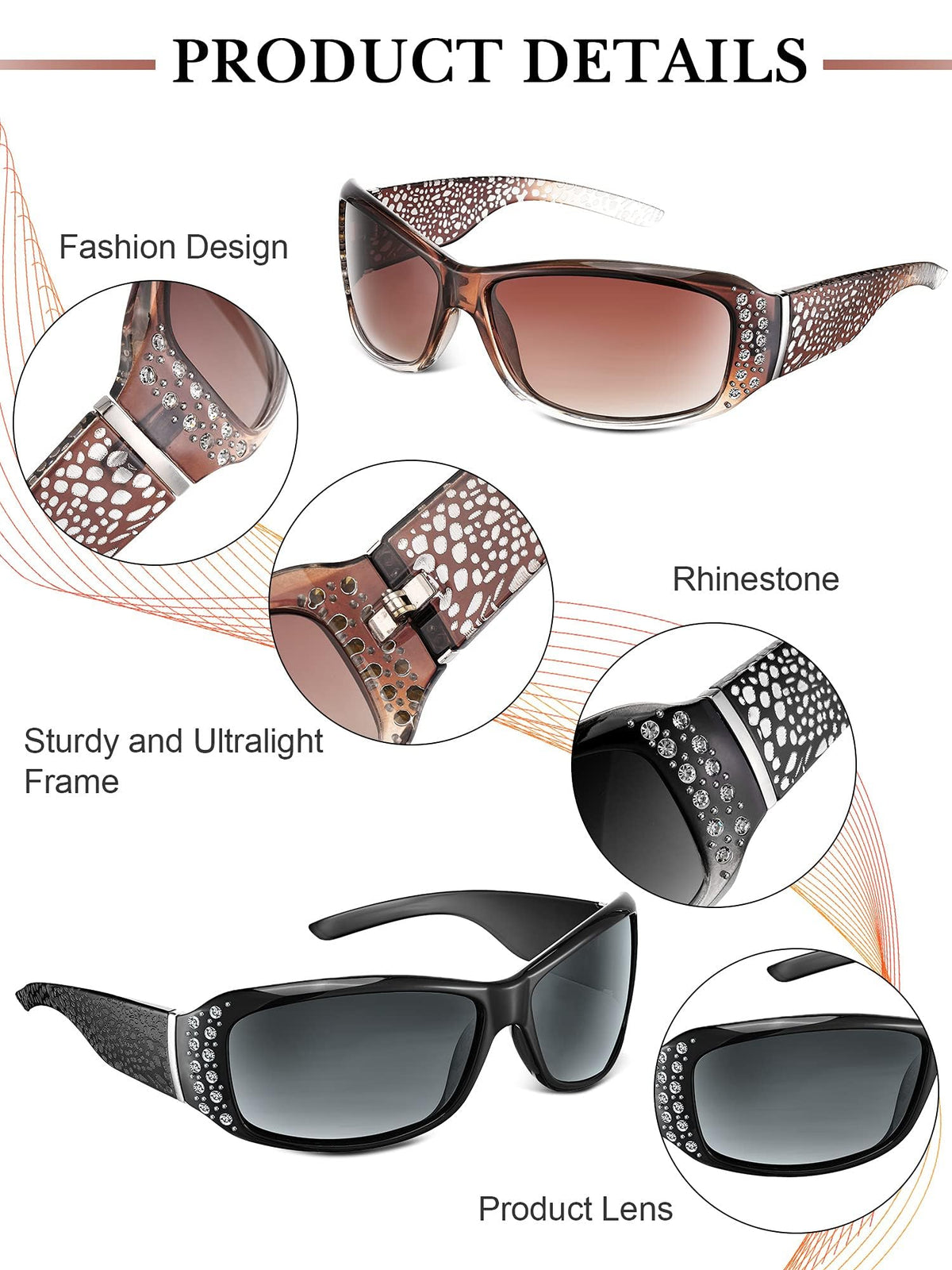TERRIFI 3 Pairs Rhinestone Sunglasses Women Men Retro Wrap Around Glasses Crystal Oversized Trendy Bling Vintage Sunglasses
