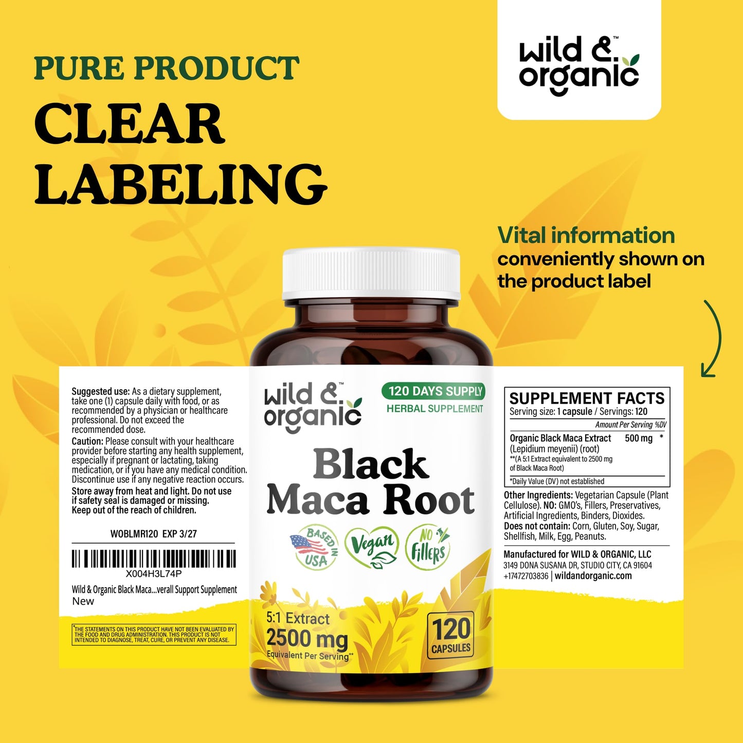 Wild & Organic Black Maca Root Capsules for Women & Men 500 mg - Overall Support - 120 Vegan Capsules with Maca Powder - Men & Women Supplement - 120 Days Supply, Non-GMO, No Fillers, Gluten-Free - Medaid International