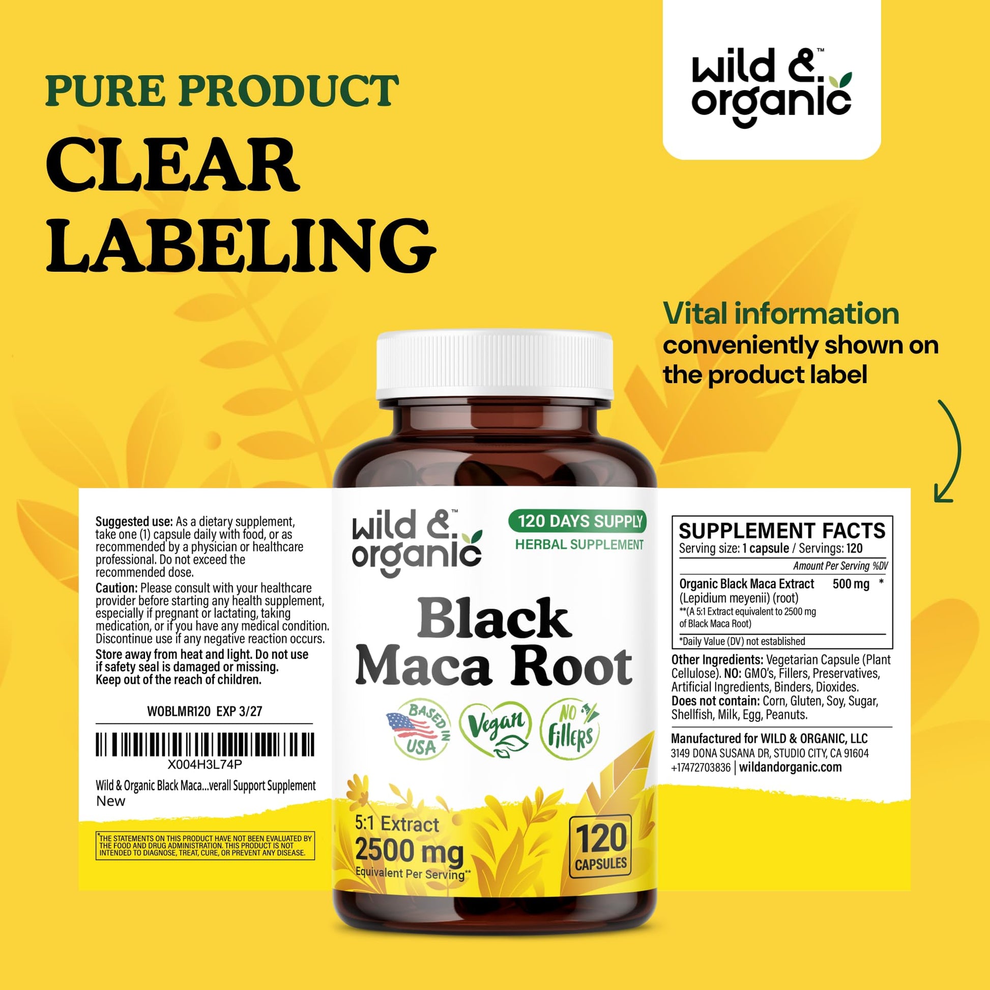 Wild & Organic Black Maca Root Capsules for Women & Men 500 mg - Overall Support - 120 Vegan Capsules with Maca Powder - Men & Women Supplement - 120 Days Supply, Non-GMO, No Fillers, Gluten-Free - Medaid International