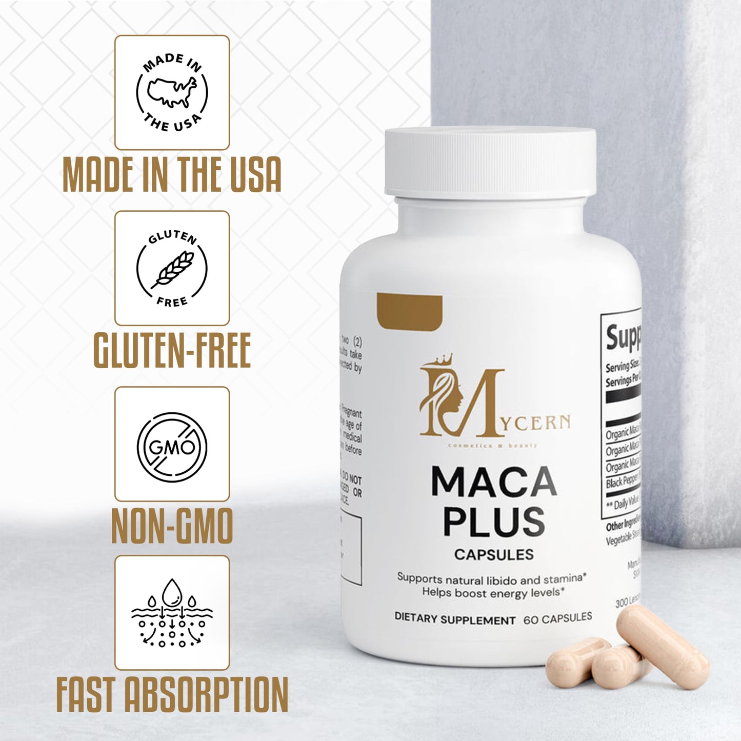 Maca Plus Capsules with Red, Black & Yellow Maca – 1500mg High Potency Root Blend – 60 Caps – Supports Active Lifestyle – Made in USA - Medaid International