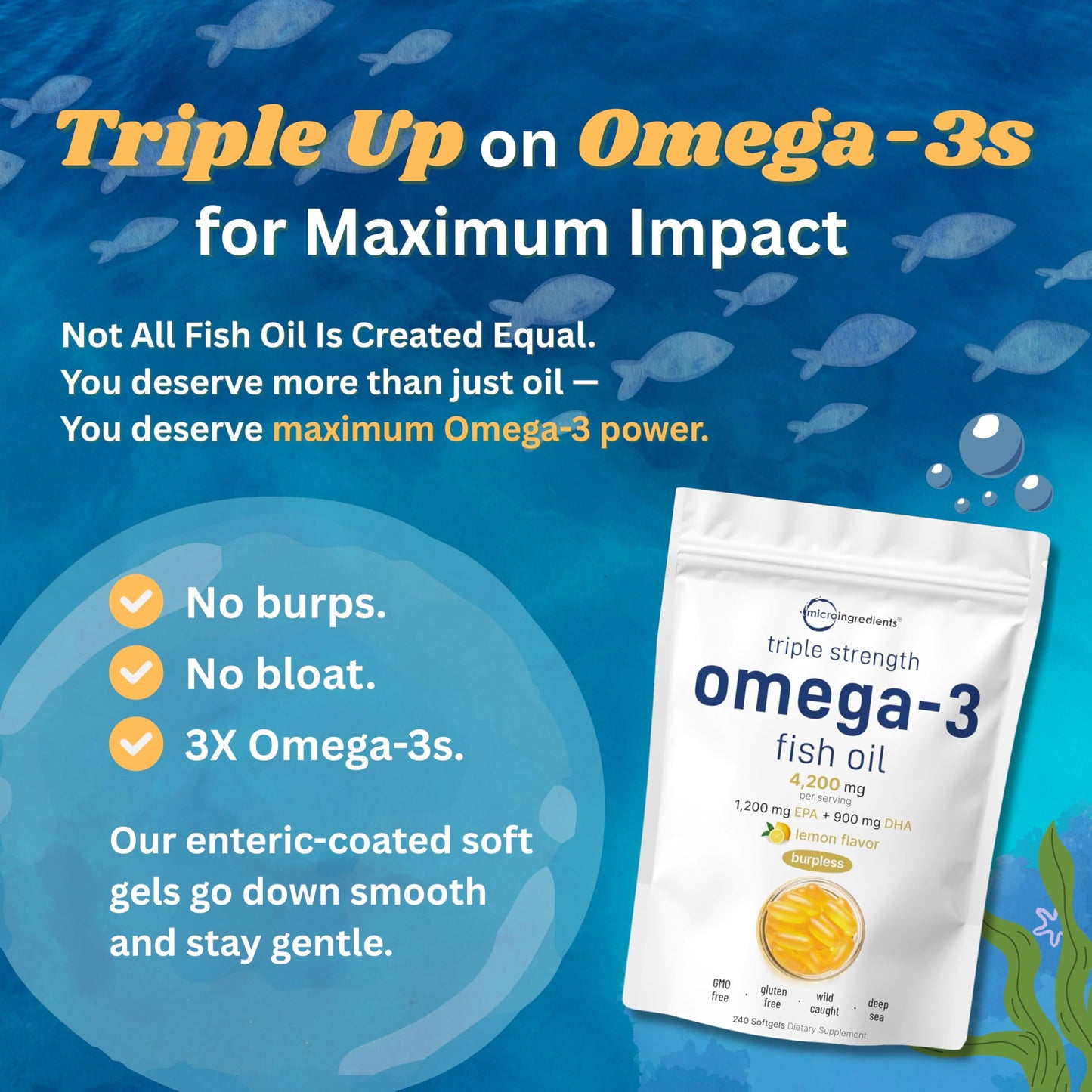 Micro Ingredients Triple Strength Omega 3 Fish Oil Supplements 4200mg Per Serving, 240 Softgels – Lemon Flavored – Burpless | EPA 1200mg + DHA 900mg | Deep Sea Fish - Medaid International
