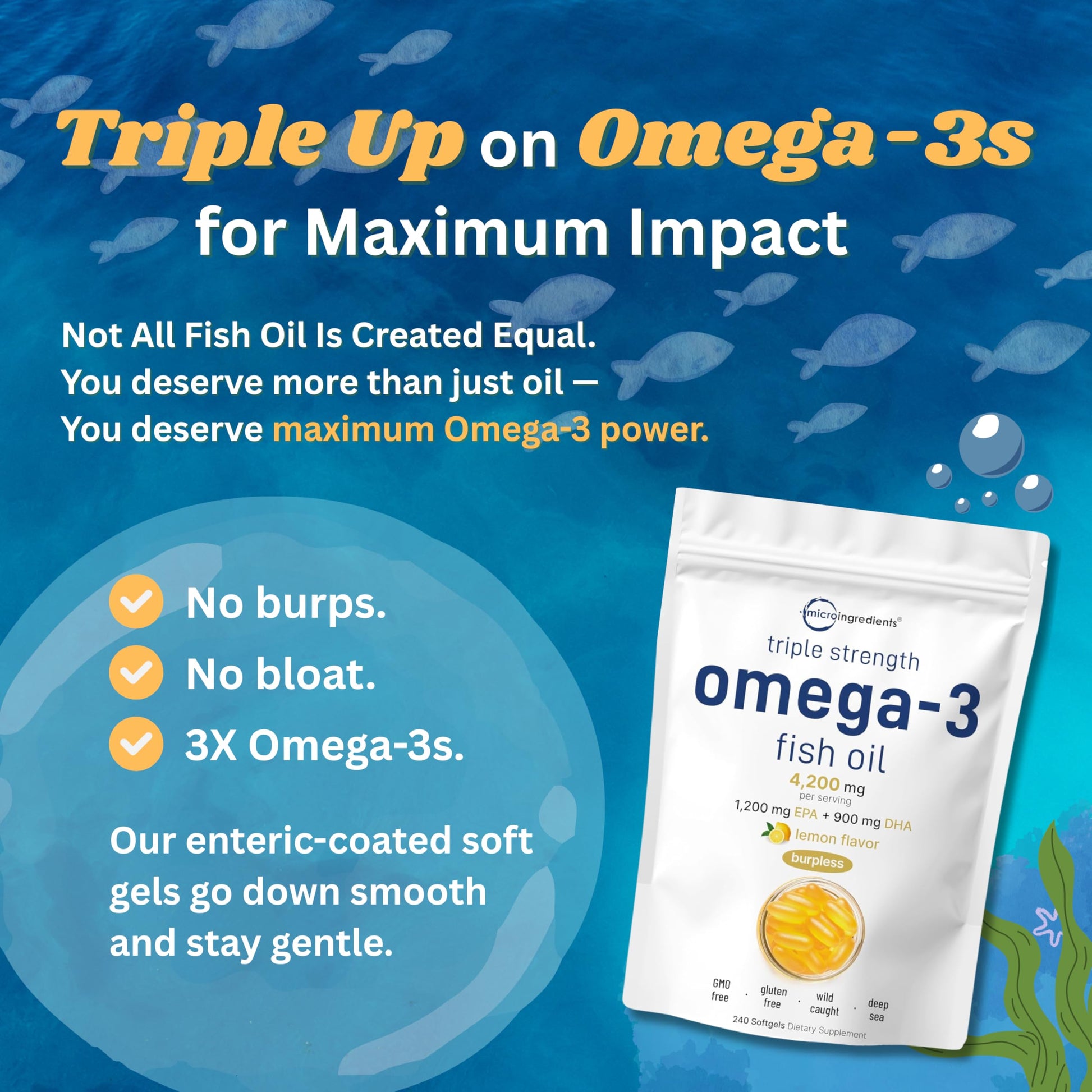 Micro Ingredients Triple Strength Omega 3 Fish Oil Supplements 4200mg Per Serving, 240 Softgels – Lemon Flavored – Burpless | EPA 1200mg + DHA 900mg | Deep Sea Fish - Medaid International