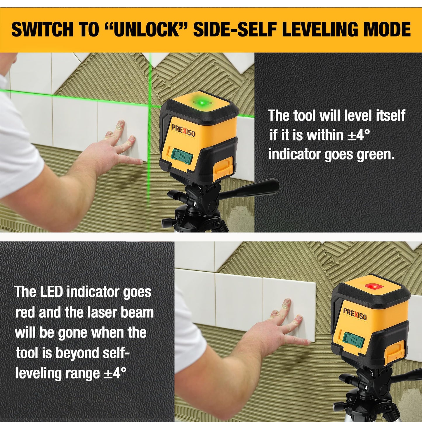 PREXISO Laser Level with Tripod, 65Ft Self Leveling Cross Line Laser Level, Green Line leveler Tool for Hanging Pictures, Home Renovation with LED Indicator & 2 AA Batteries (31-1/2 inch Tripod) - Medaid International